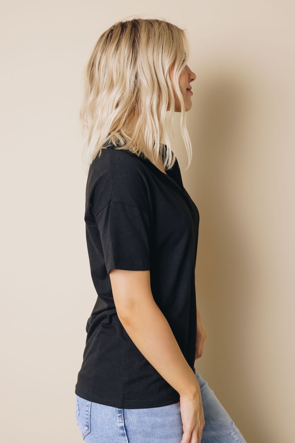 Collared V Neck Drop Sleeves T-shirt