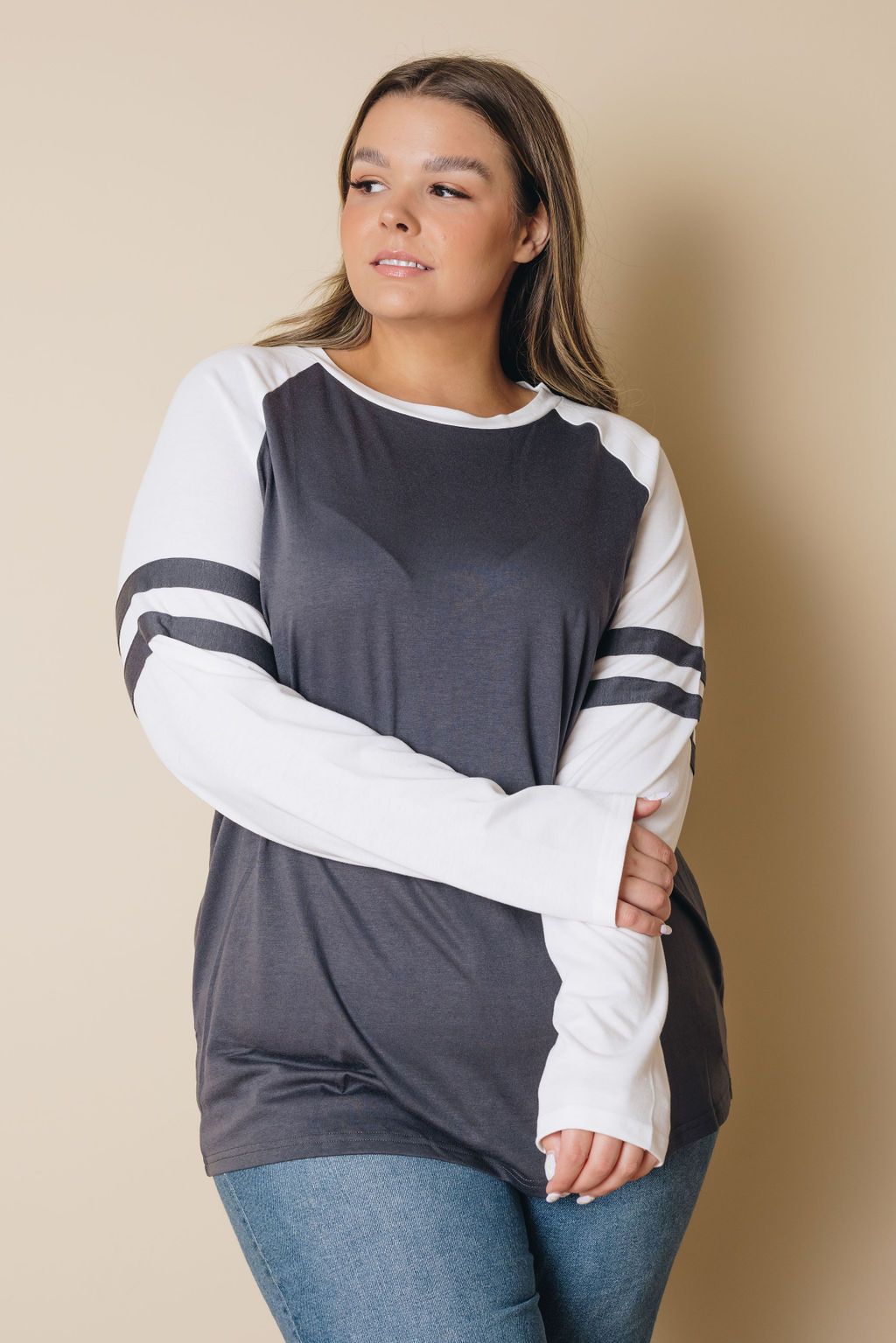 Plus Size - Brandi Striped Sleeve Top