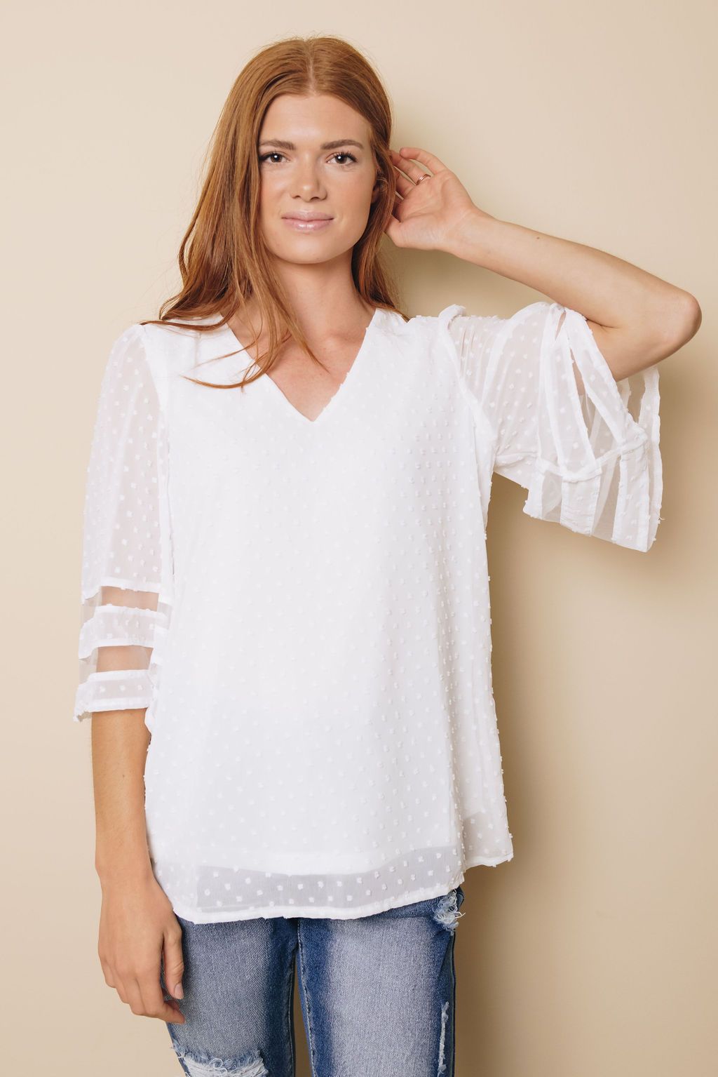 Stripes Kimono Sleeve Swiss Dot Blouse