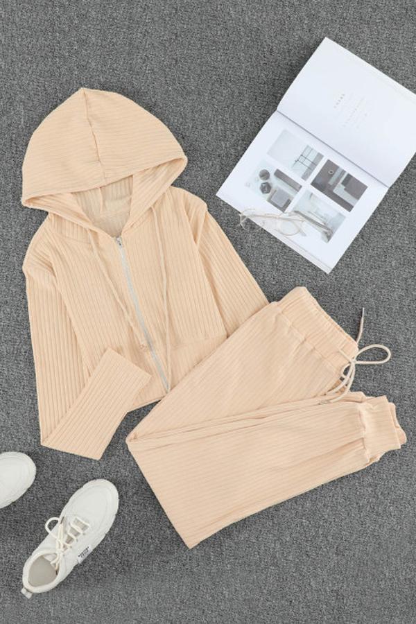Ribbed Knit Cropped Hoodie and Jogger Set