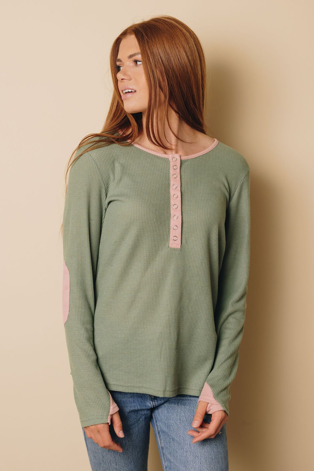 Lane Contrast Elbow Patch Long Sleeve Top