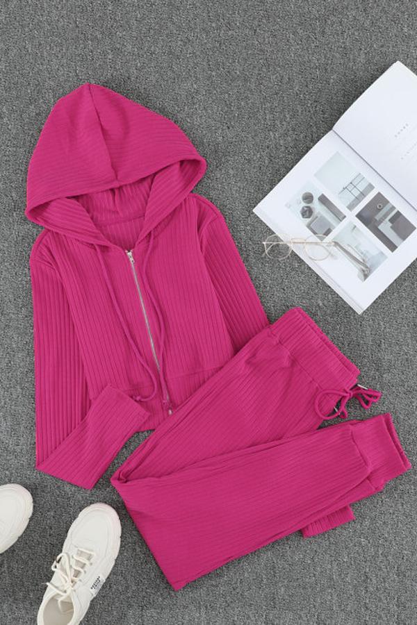 Ribbed Knit Cropped Hoodie and Jogger Set