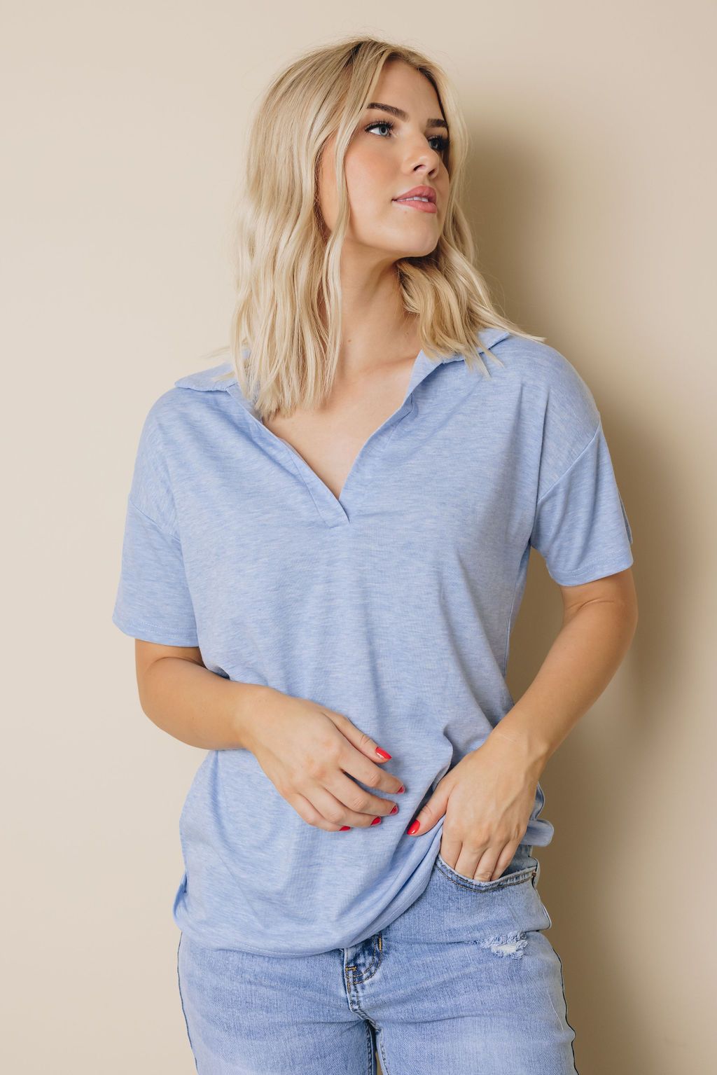Collared V Neck Drop Sleeves T-shirt