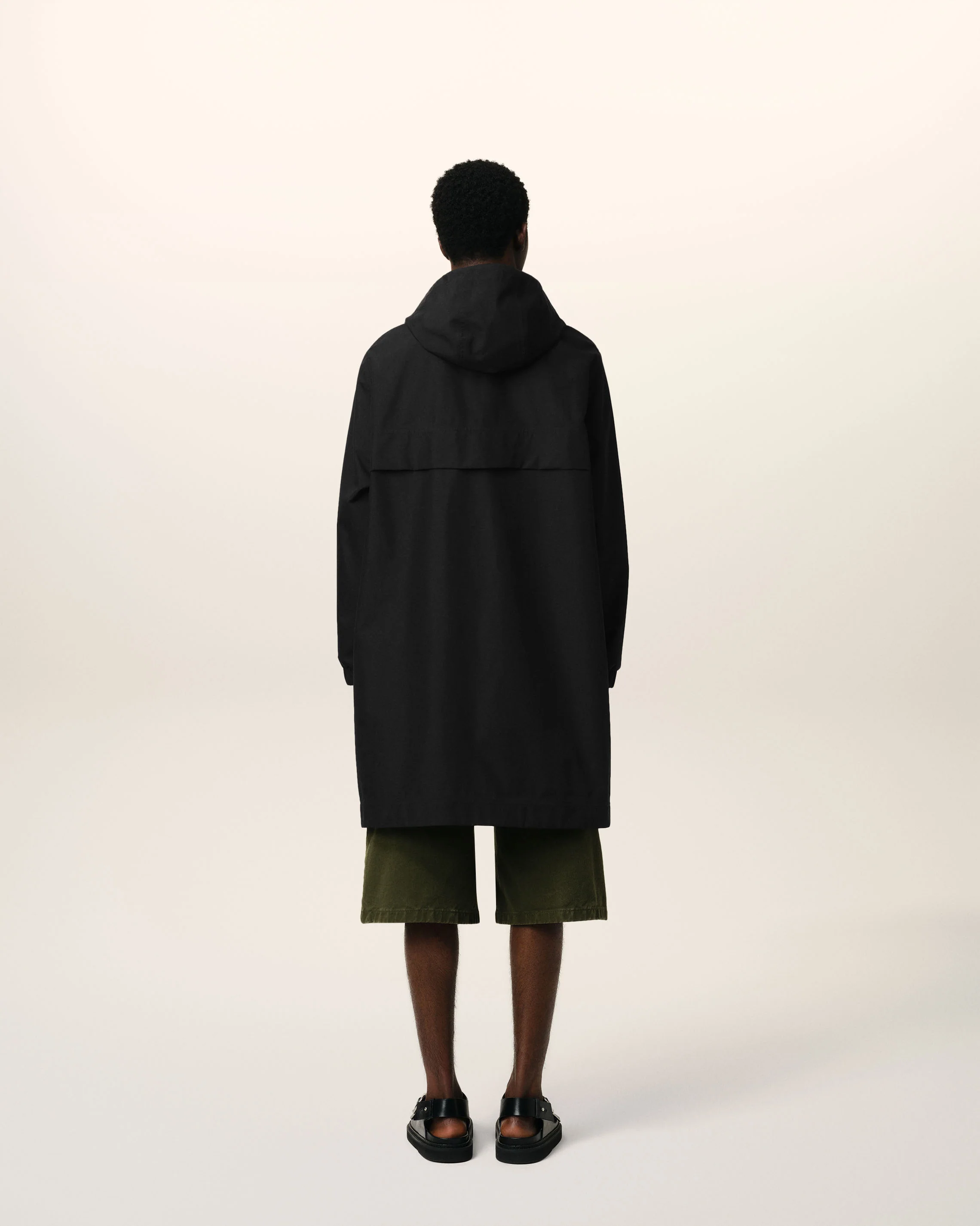 Black Water-repellent Long Hooded Windbreaker