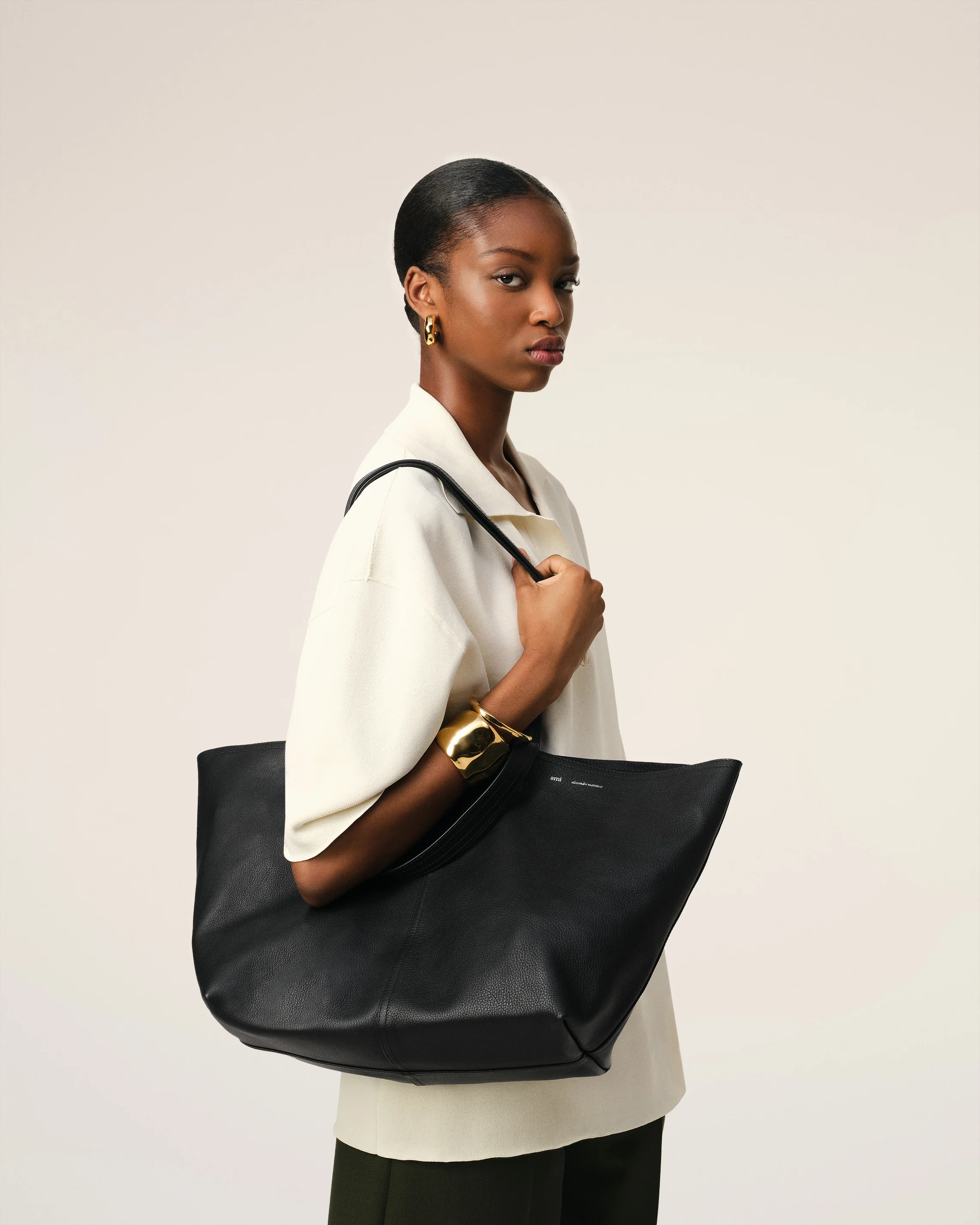 Black Leather Midi Tote Bag