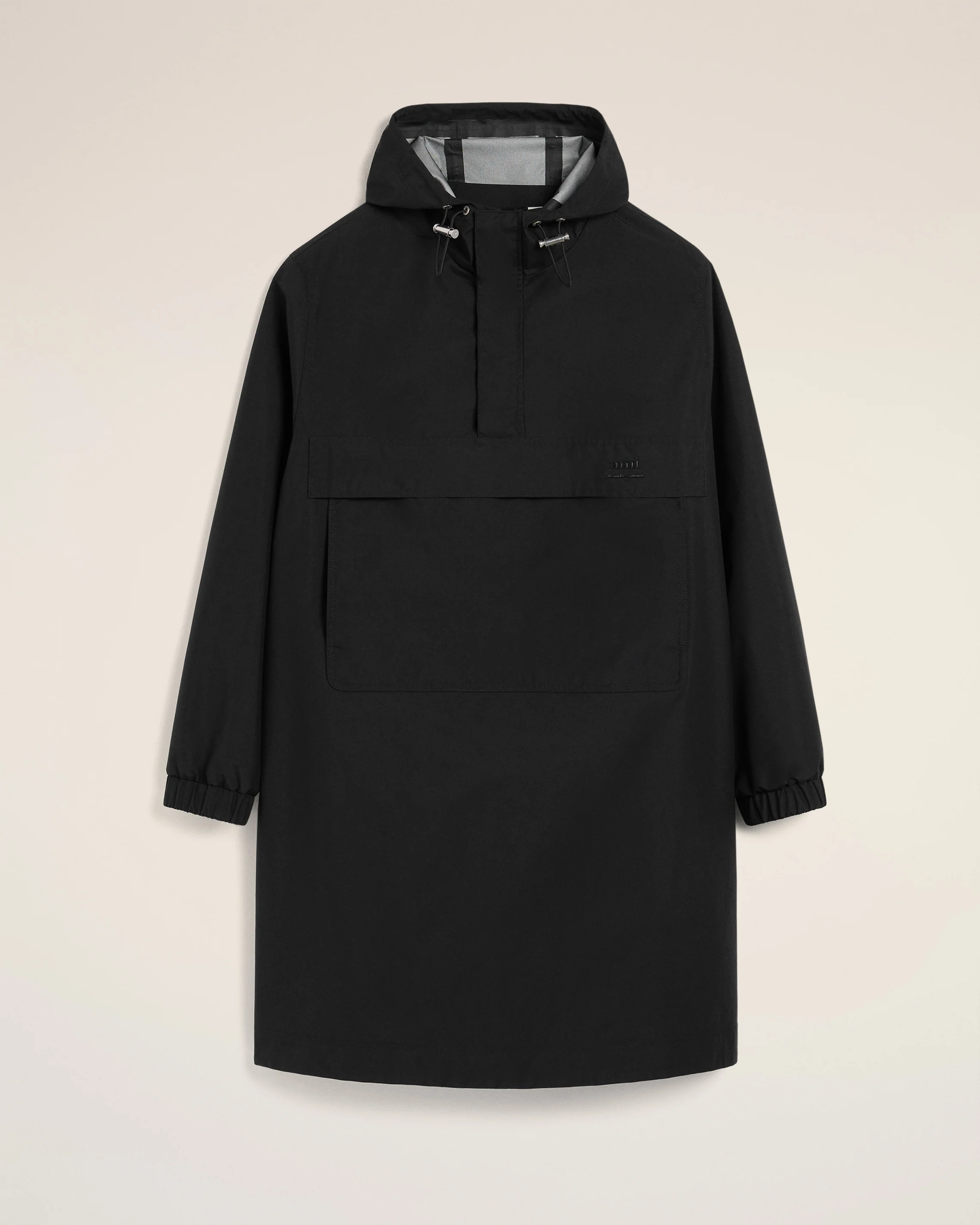 Black Water-repellent Long Hooded Windbreaker
