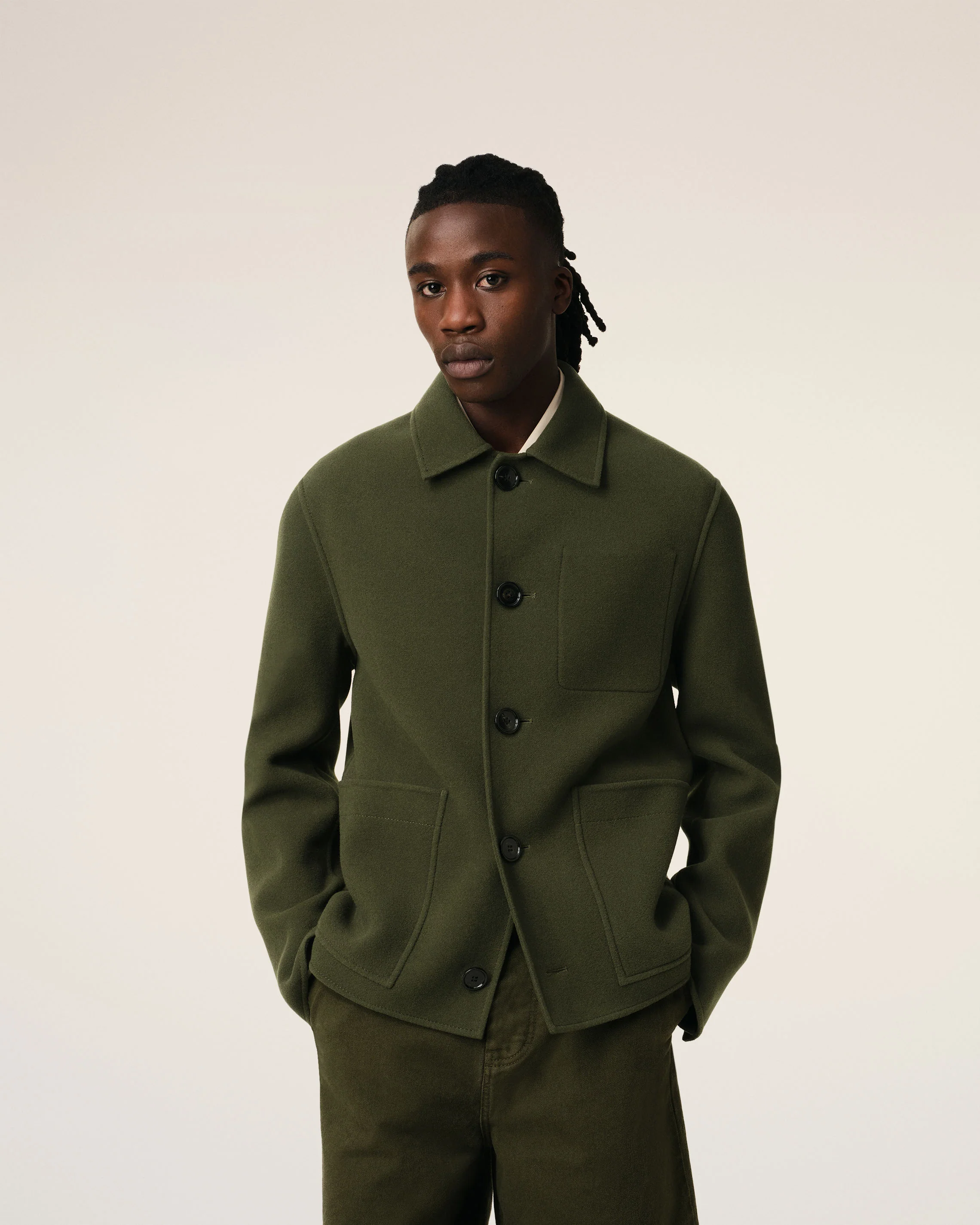 Green Wool Knit Boxy Buttoned Jacket