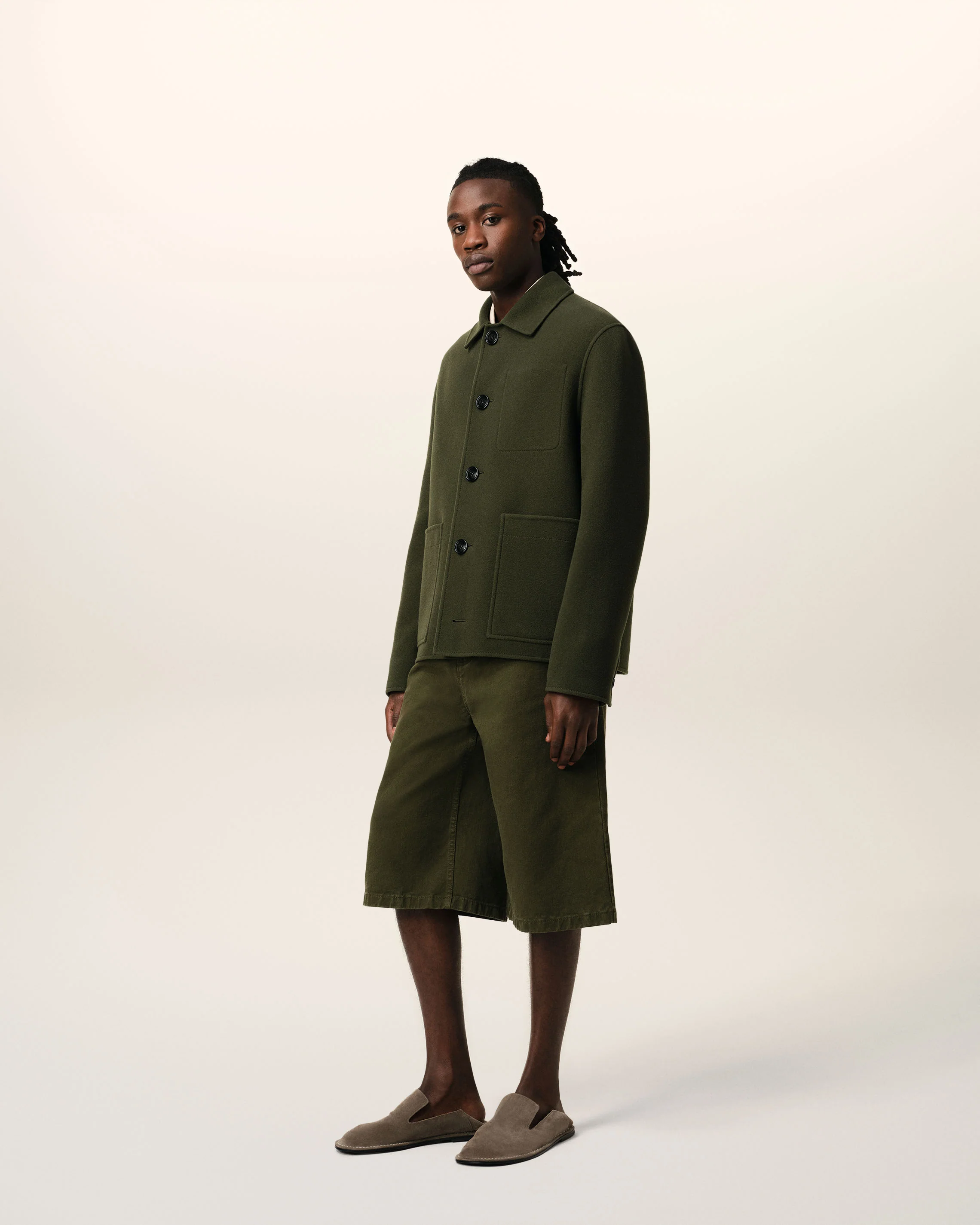 Green Wool Knit Boxy Buttoned Jacket