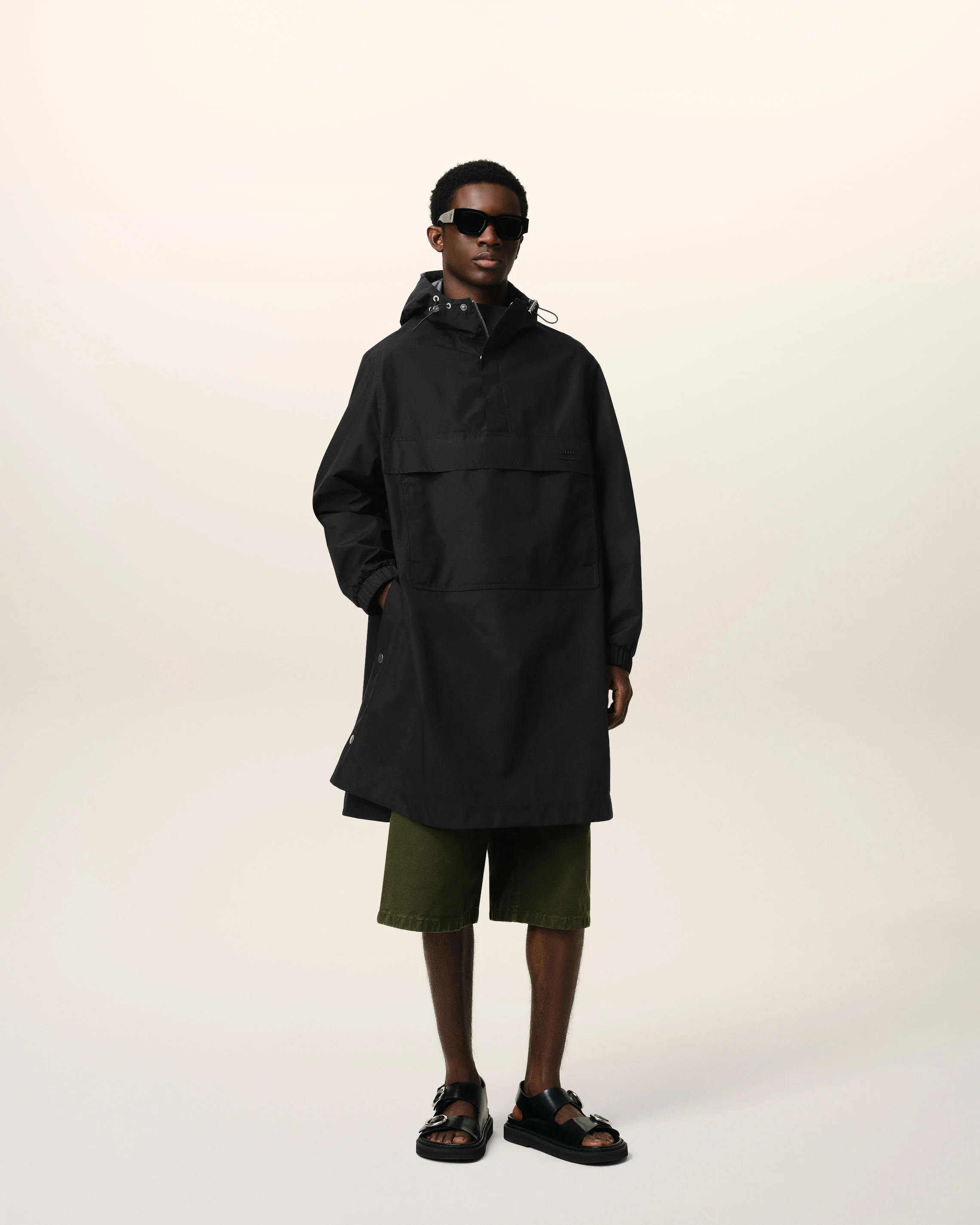 Black Water-repellent Long Hooded Windbreaker