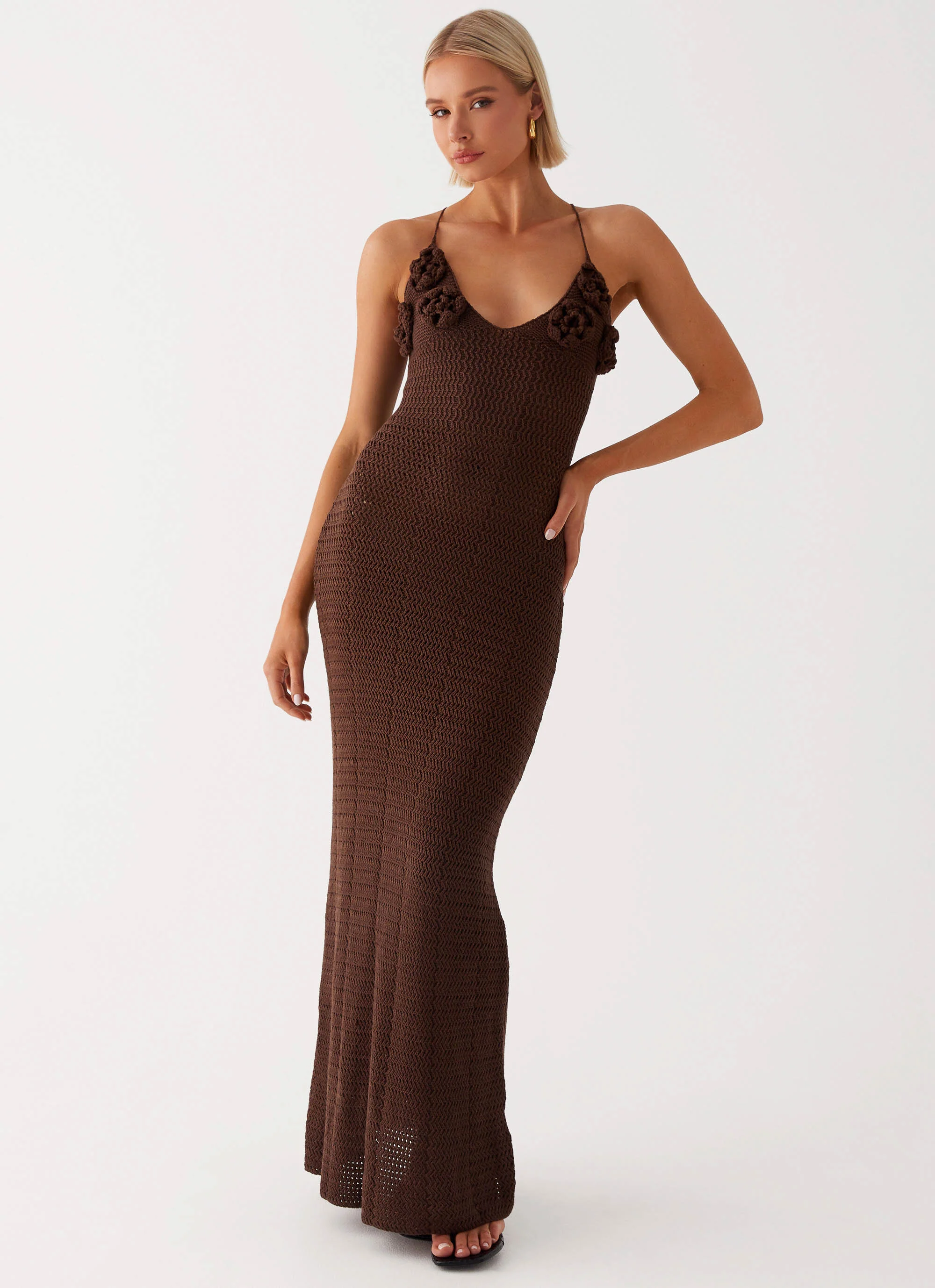 Zara Rose Crochet Maxi Dress - Chocolate