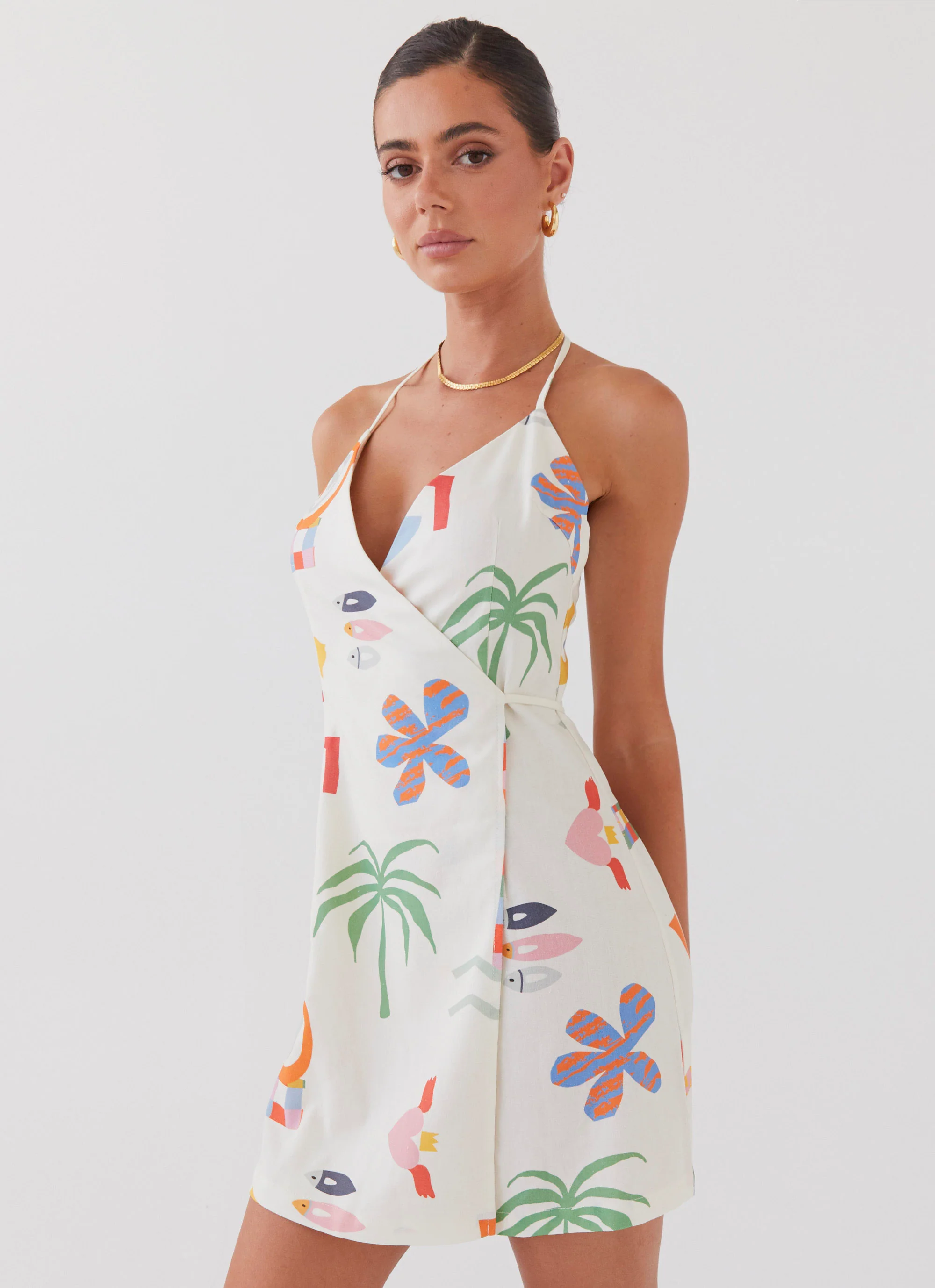 At Last Sunrise Wrap Linen Mini Dress - Summer Palm