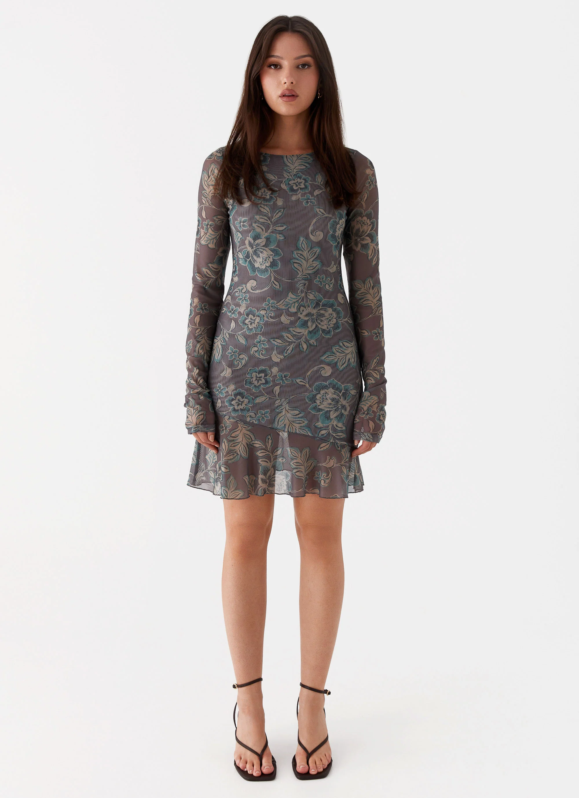 Ines Long Sleeve Mini Dress - Brown Floral