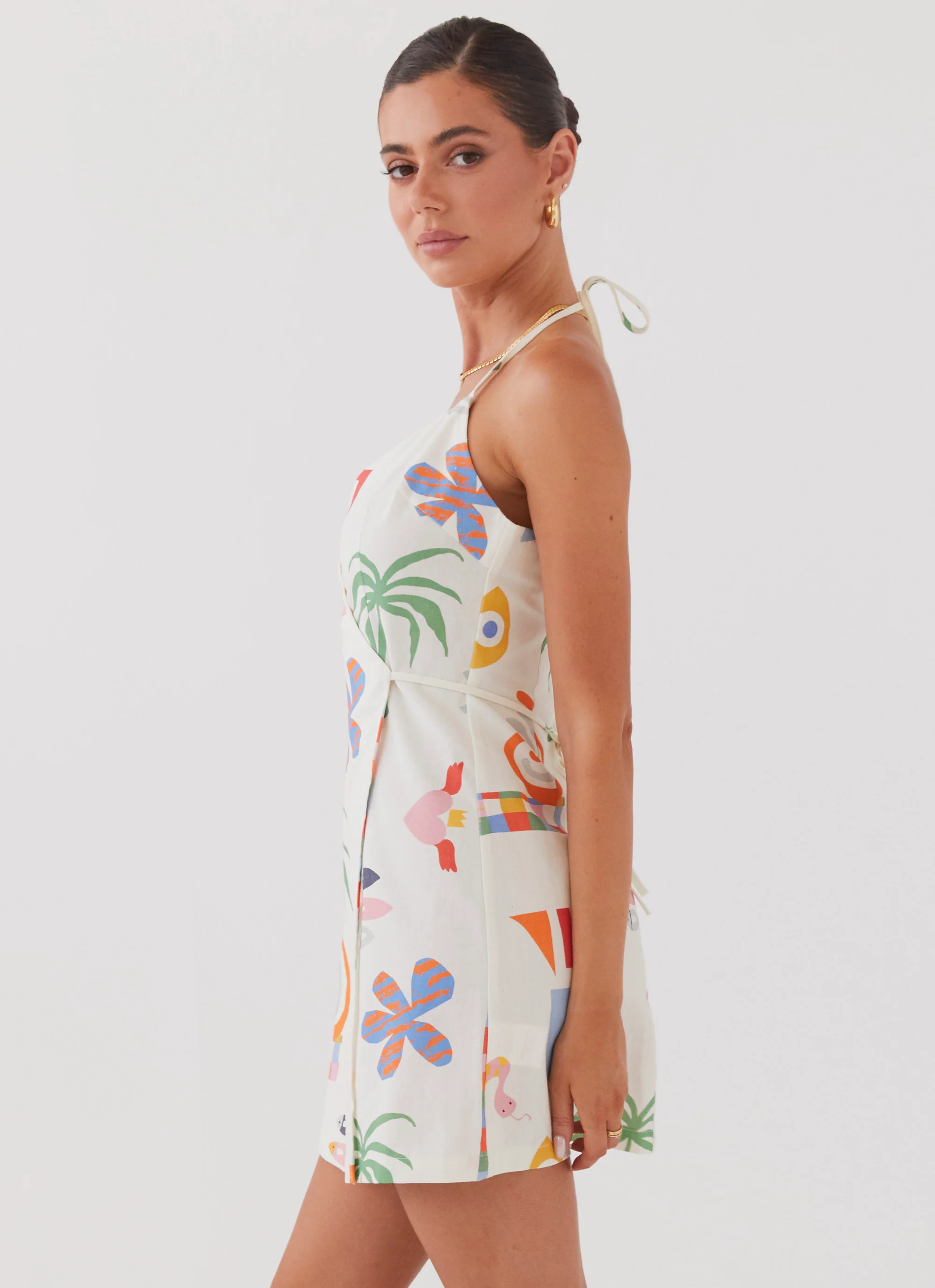 At Last Sunrise Wrap Linen Mini Dress - Summer Palm