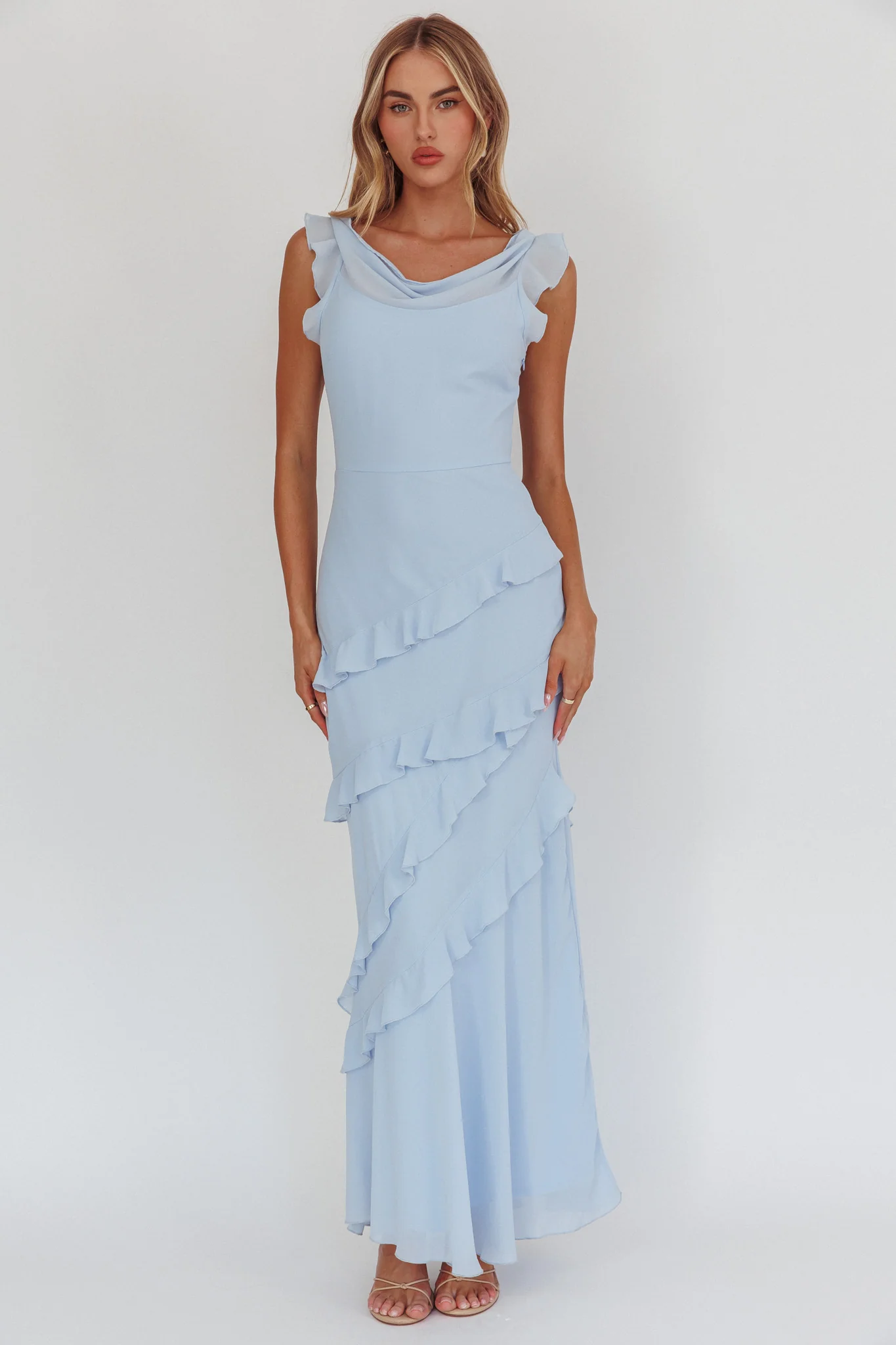 Sangria Cowl Neck Frill Maxi Dress Blue