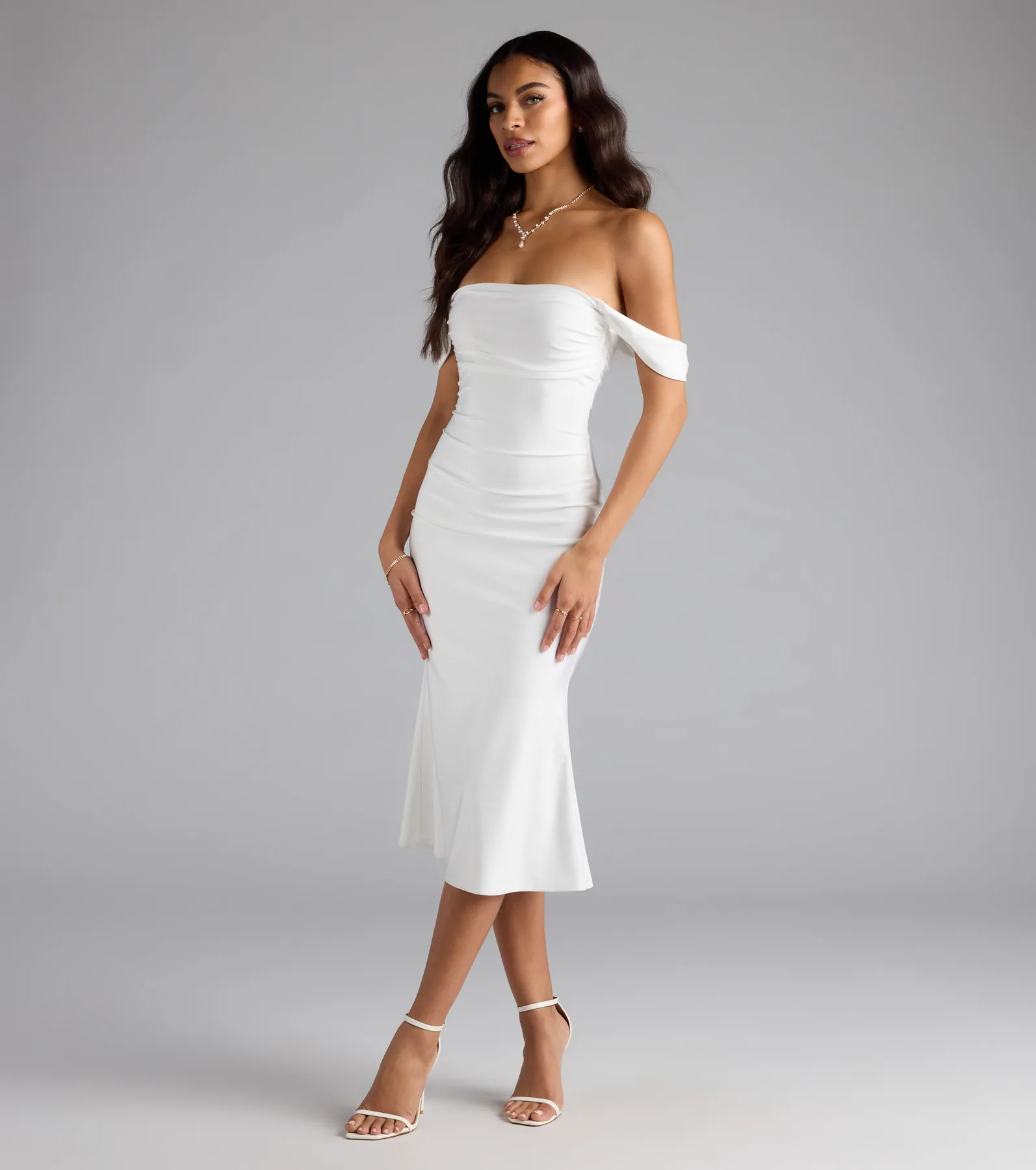 Exceptional Off-The-Shoulder Flared Midi Dress
