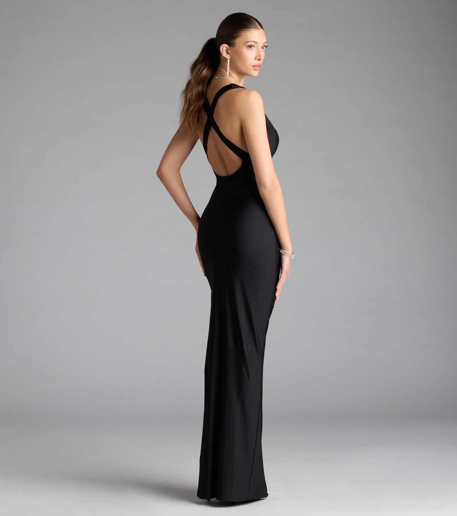 Jenn V-Neck Strappy Back Slit Long Formal Dress