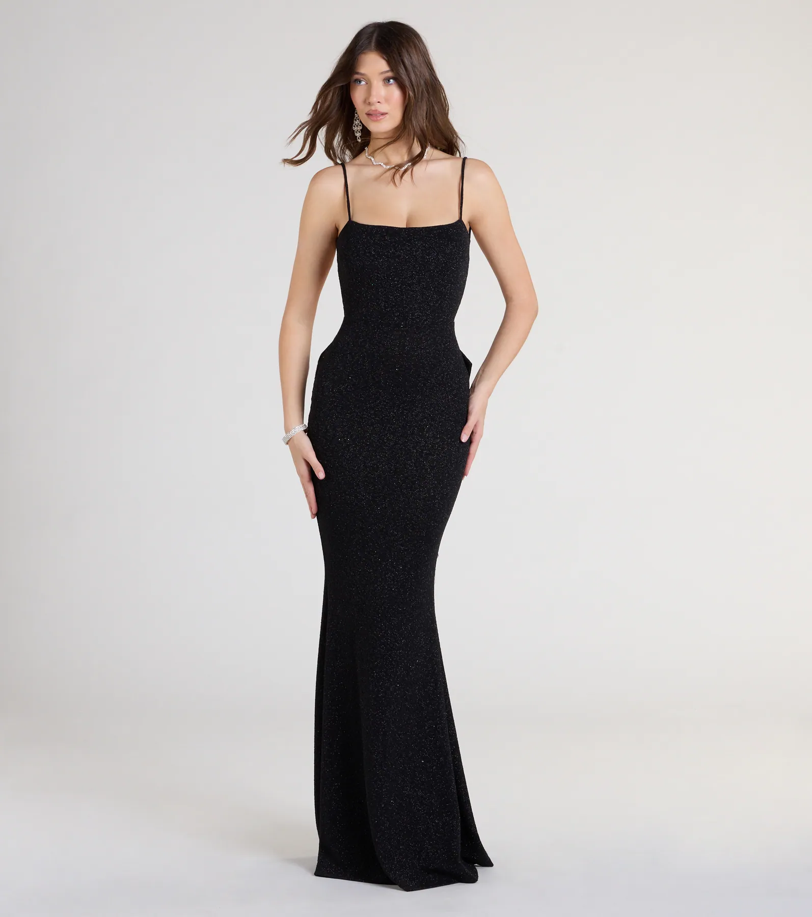 Gwendolyn Glitter Knit Bow-Back Mermaid Dress