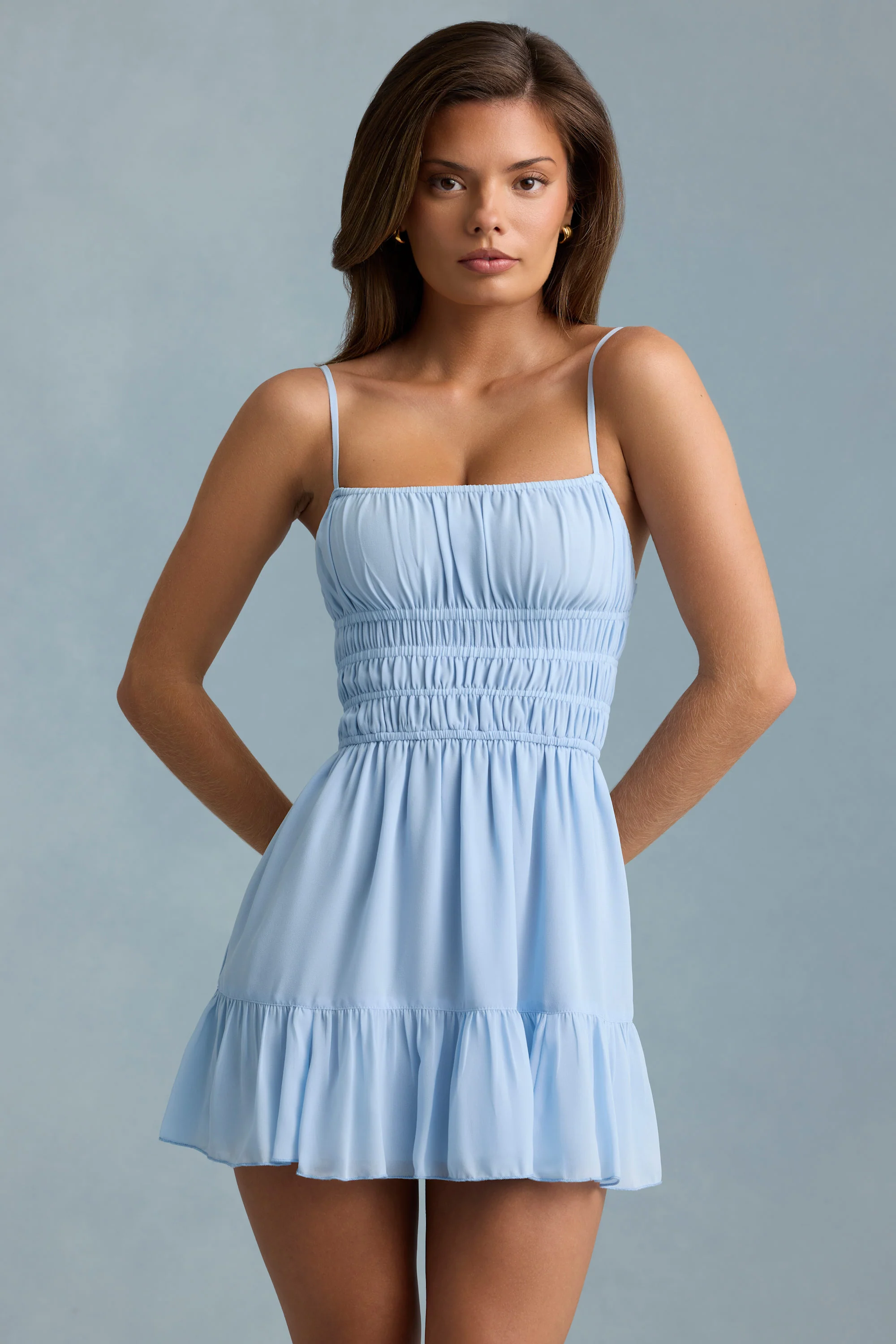 Shirred Camisole Mini Dress in Sky Blue