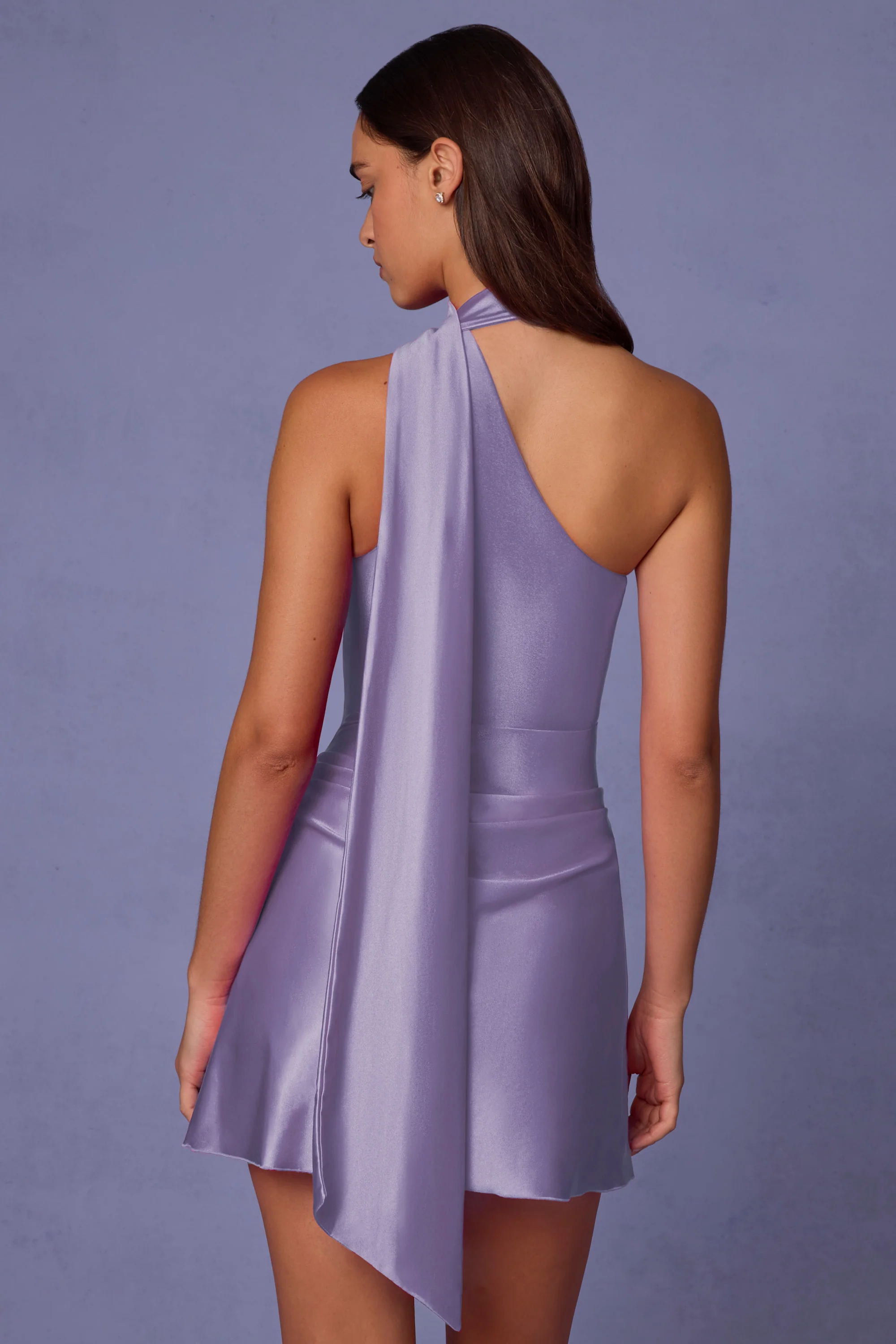 Asymmetric Scarf-Detail Mini Dress in Lilac