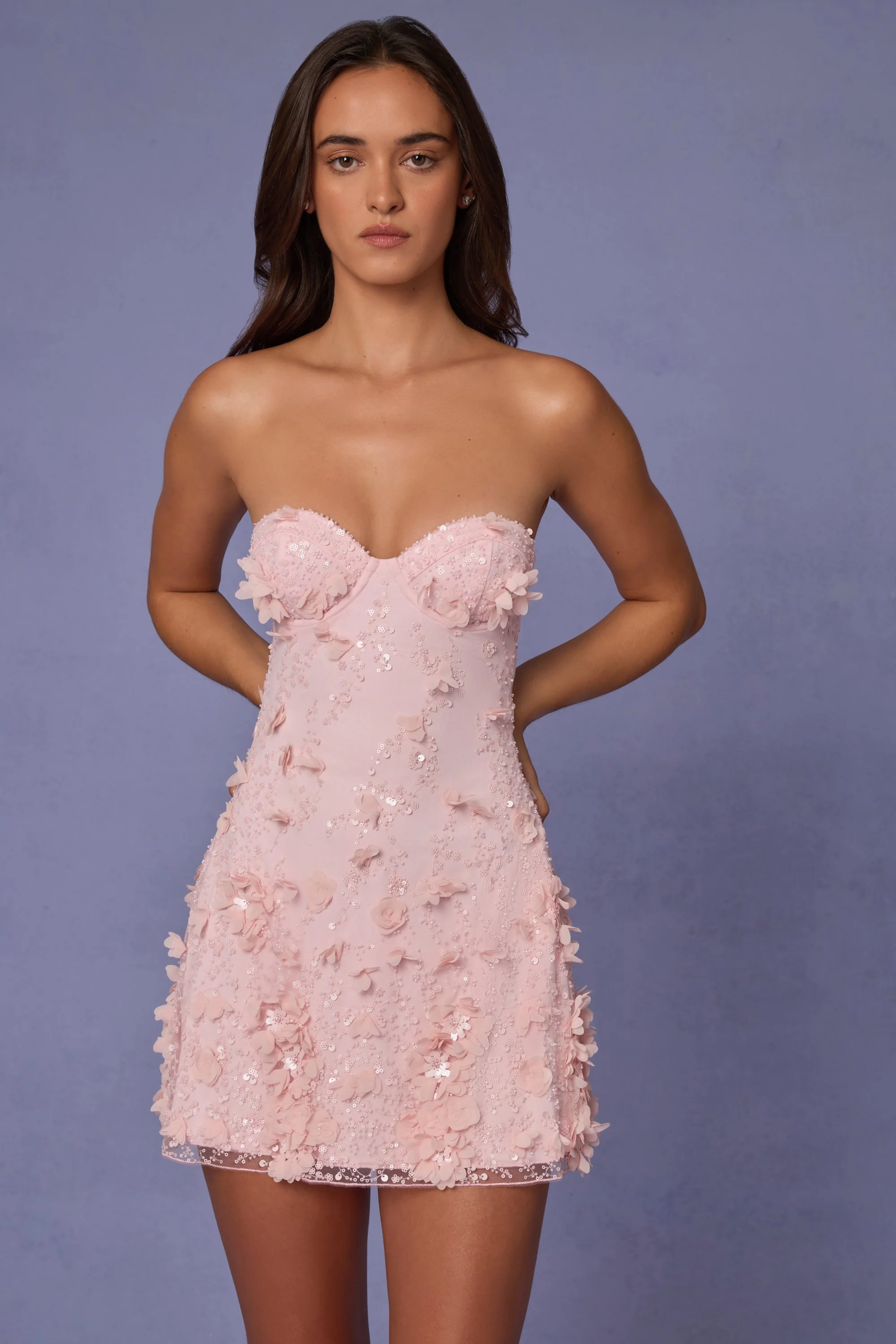 Embellished Bandeau A-line Mini Dress in Soft Pink