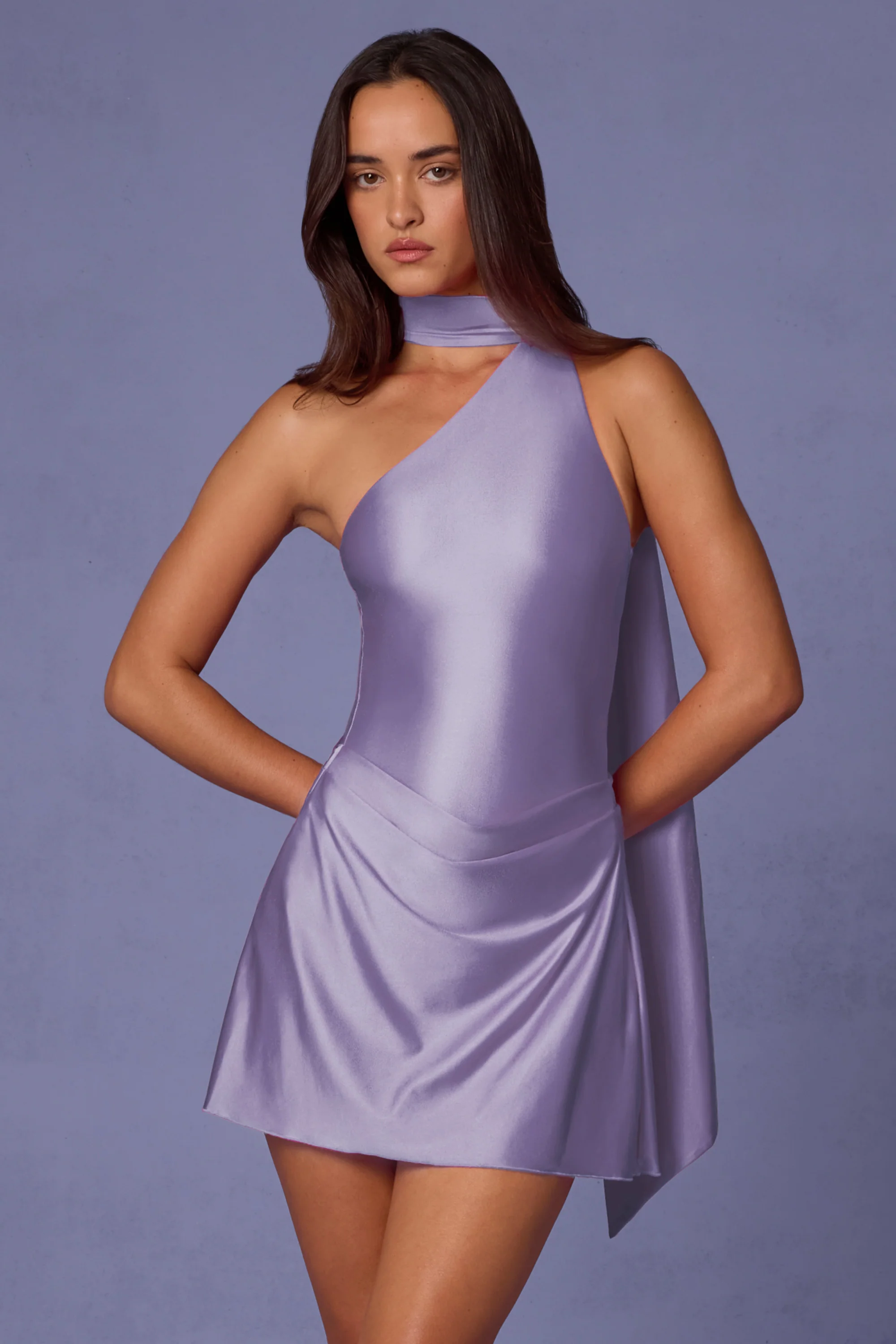 Asymmetric Scarf-Detail Mini Dress in Lilac