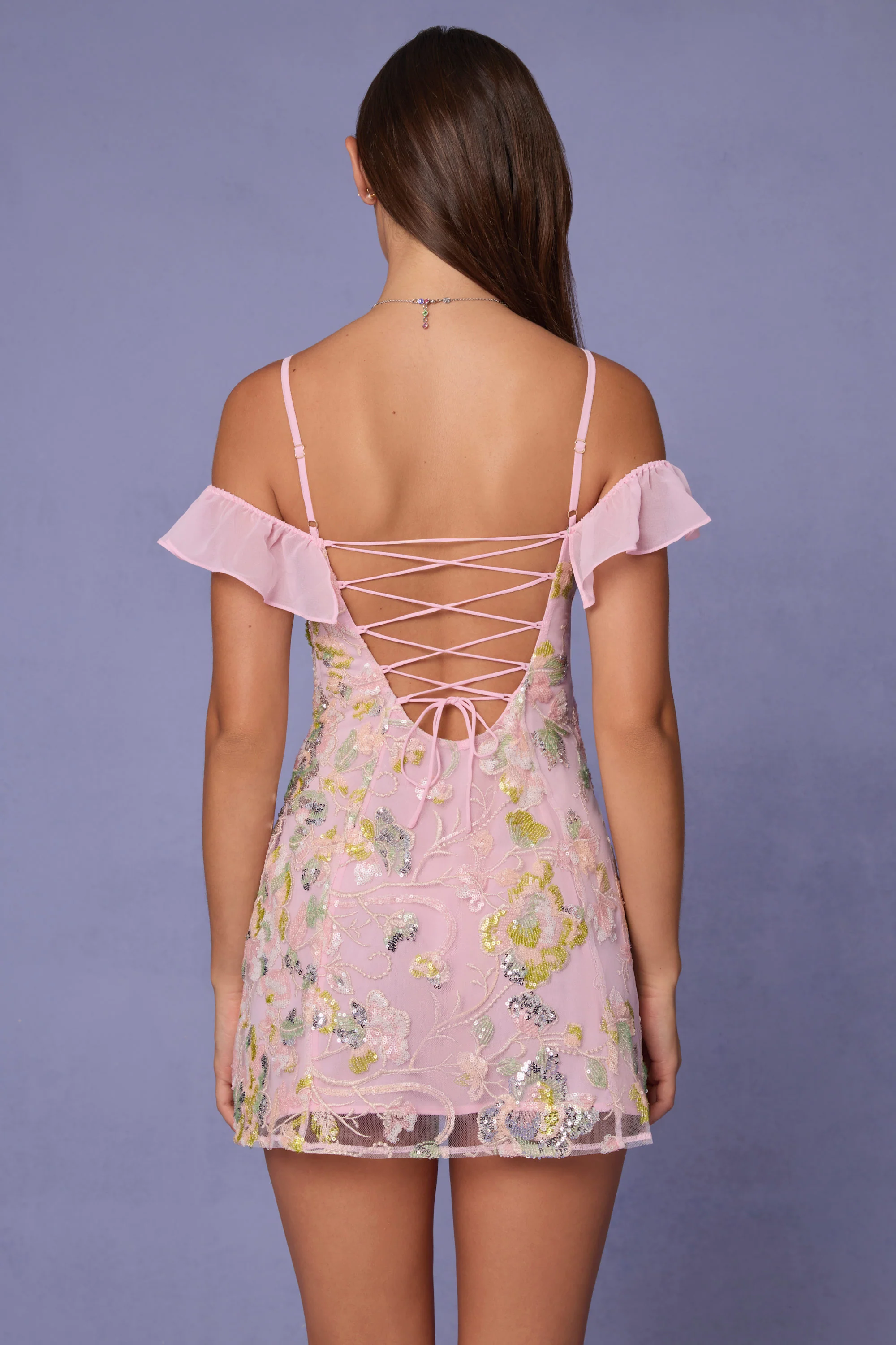 Embellished Lace-Up A-Line Mini Dress in Soft Pink