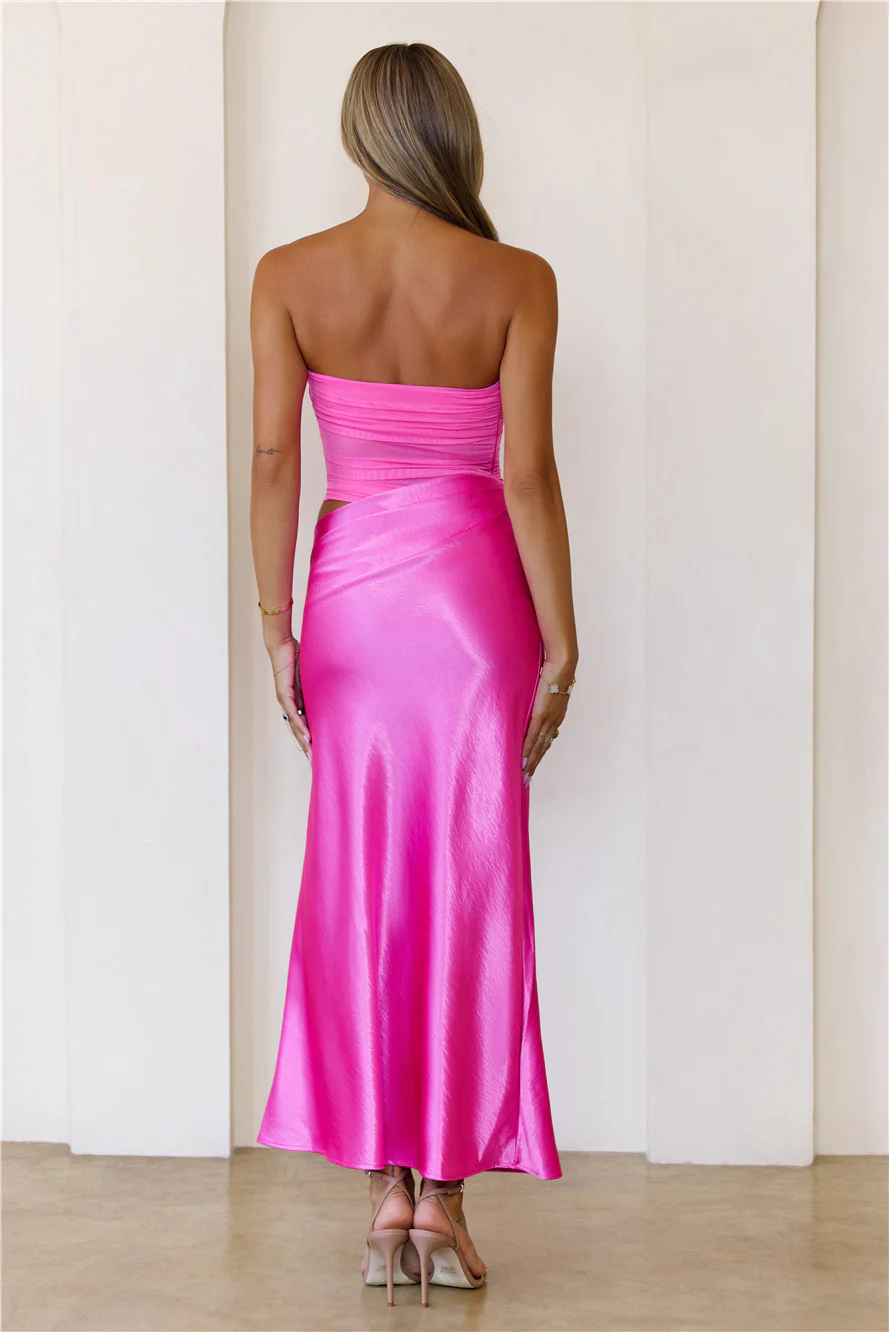 Luxe Attitude Satin Mesh Strapless Maxi Dress Pink