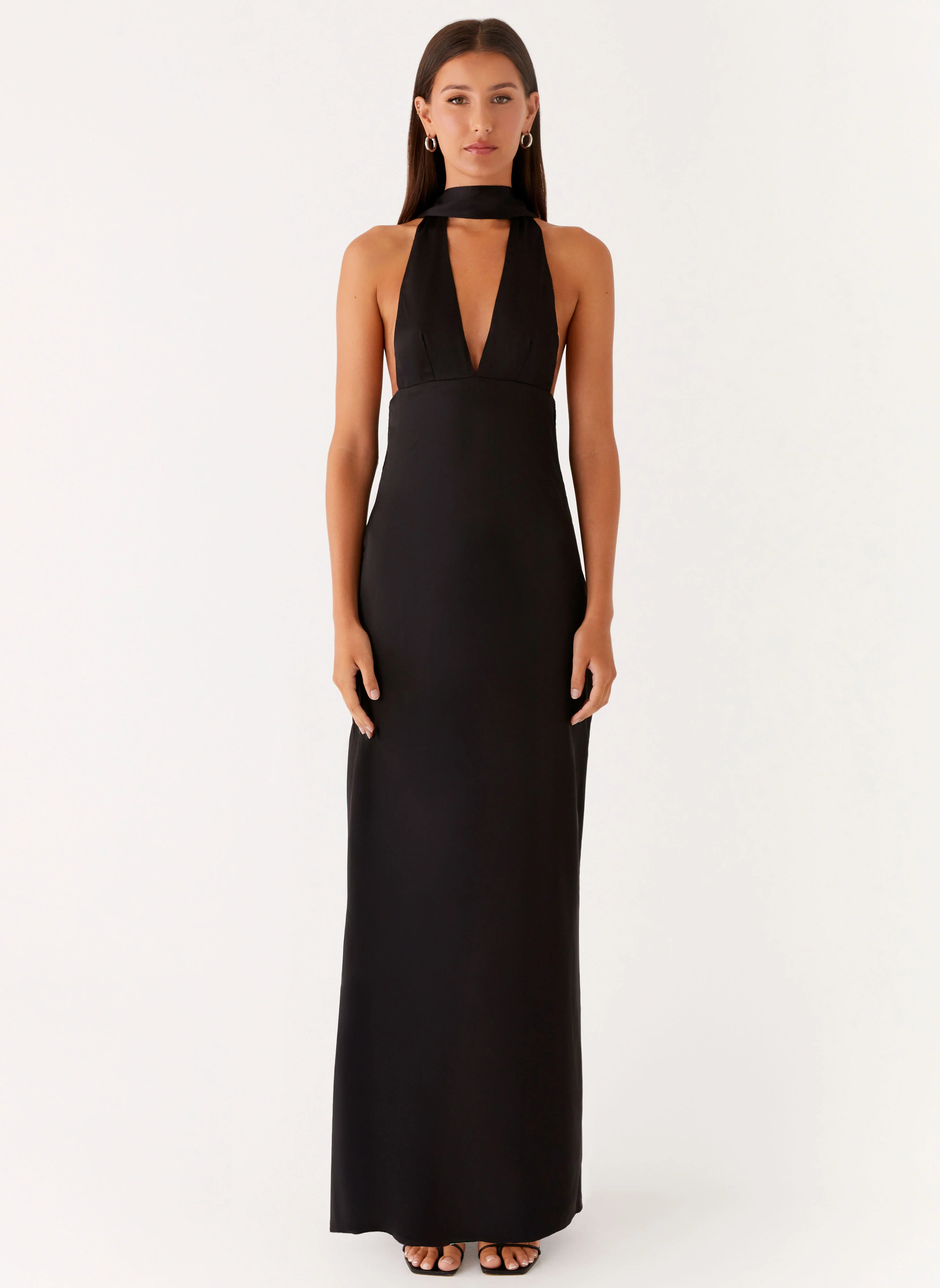Alicia Satin Halter Maxi Dress - Black