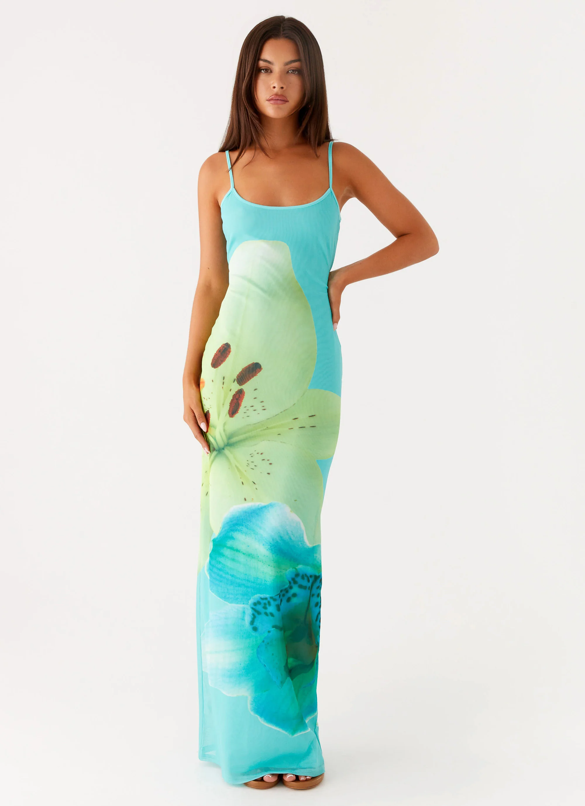 Bad News Mesh Maxi Dress - Turquoise Floral