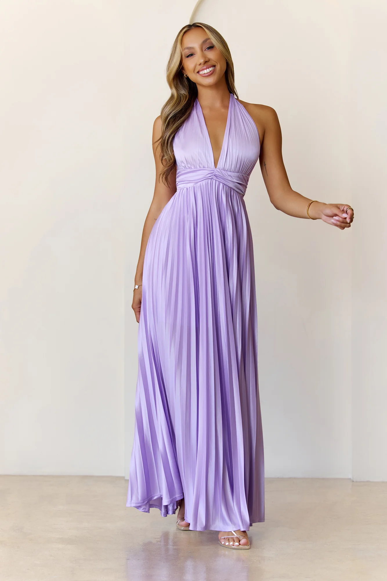 Shimmering Sea Pleated Halter Maxi Dress