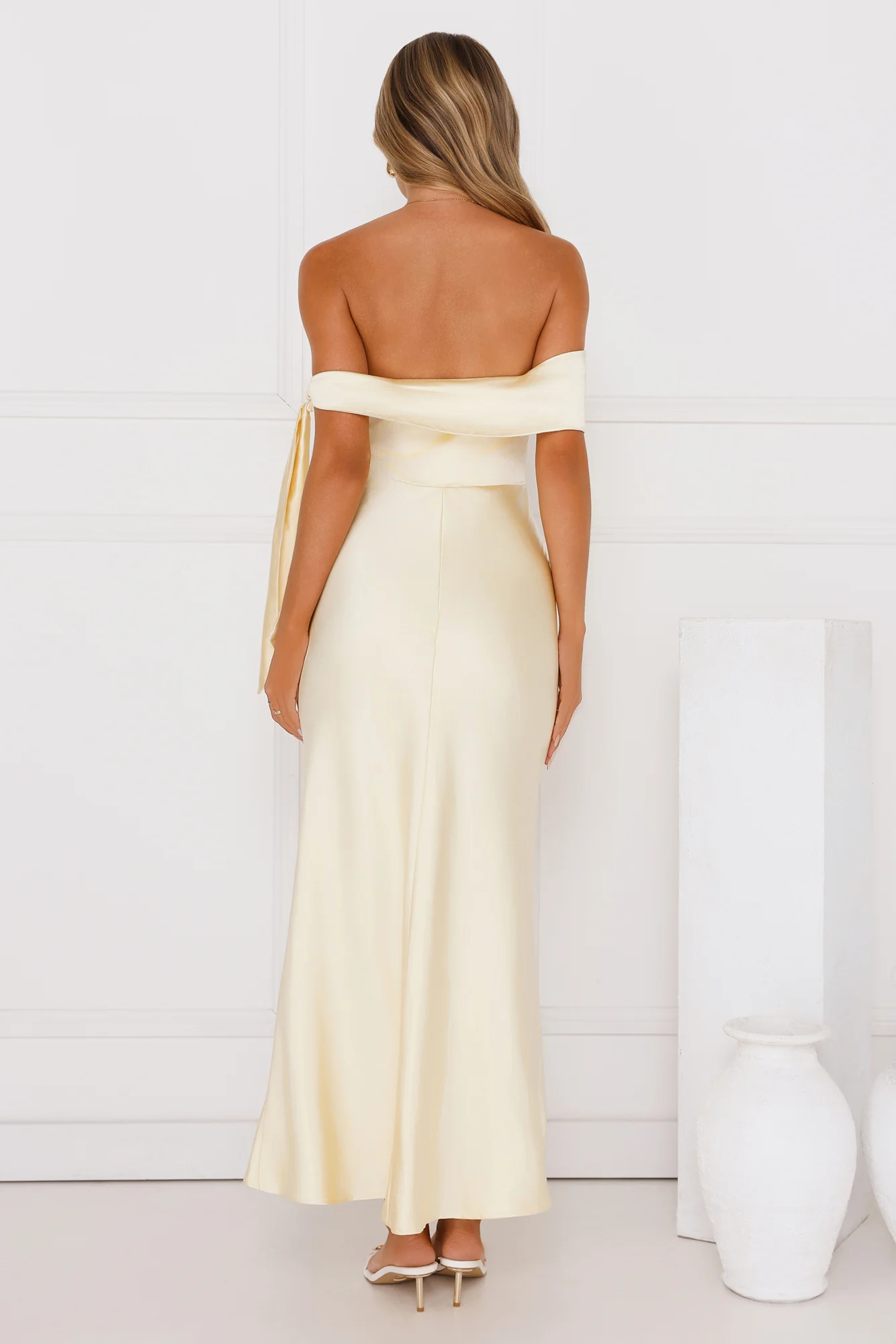 The Hype Off Shoulder Satin Midi Dress