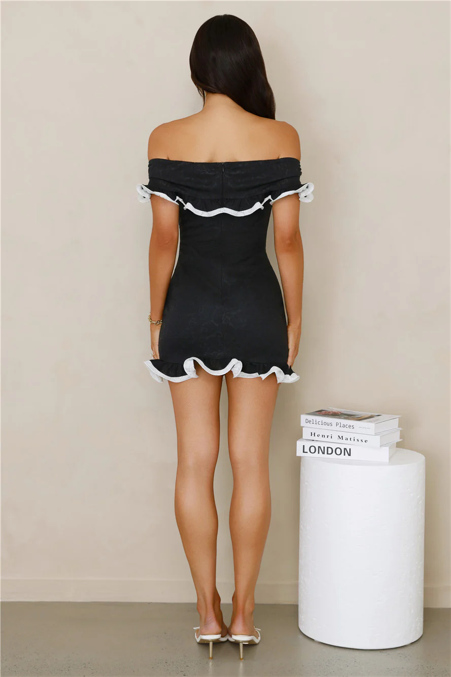 Glimmering Noir Off Shoulder Lace Mini Dress