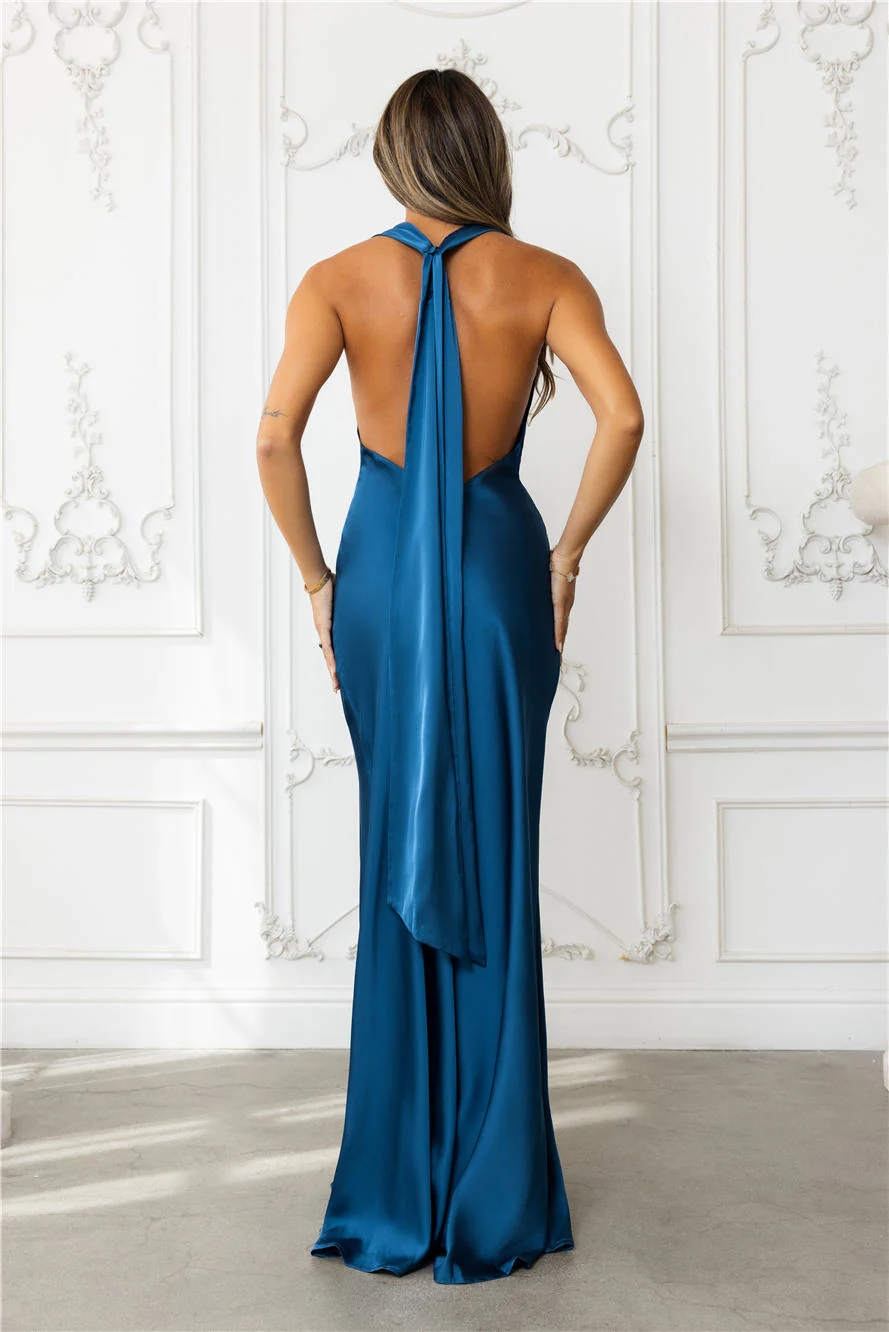 Nightfall Noir Halter Satin Maxi Dress