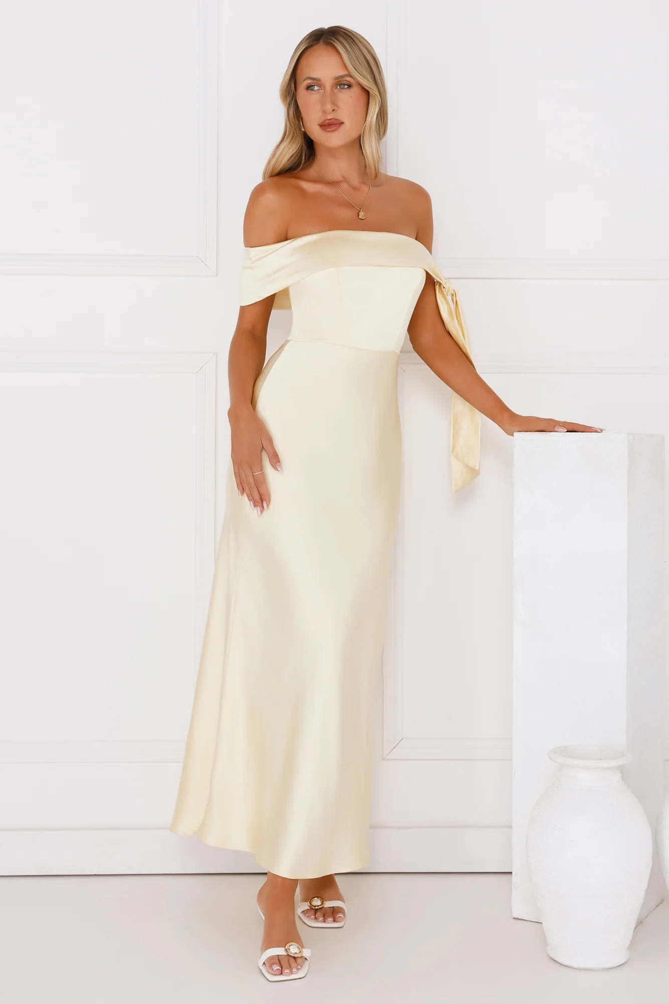 The Hype Off Shoulder Satin Midi Dress