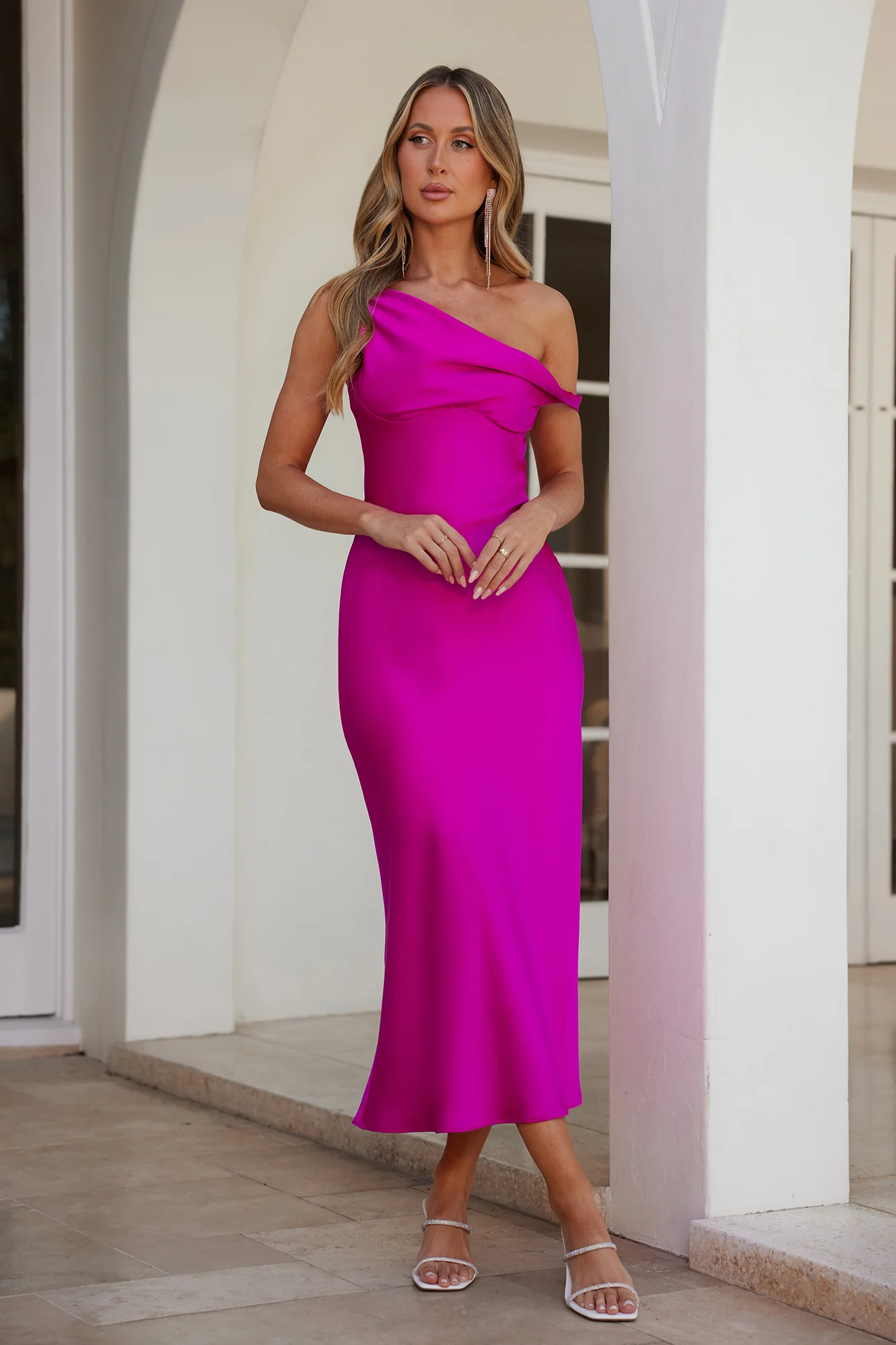 Stylish Season Off Shoulder Satin Midi Dress