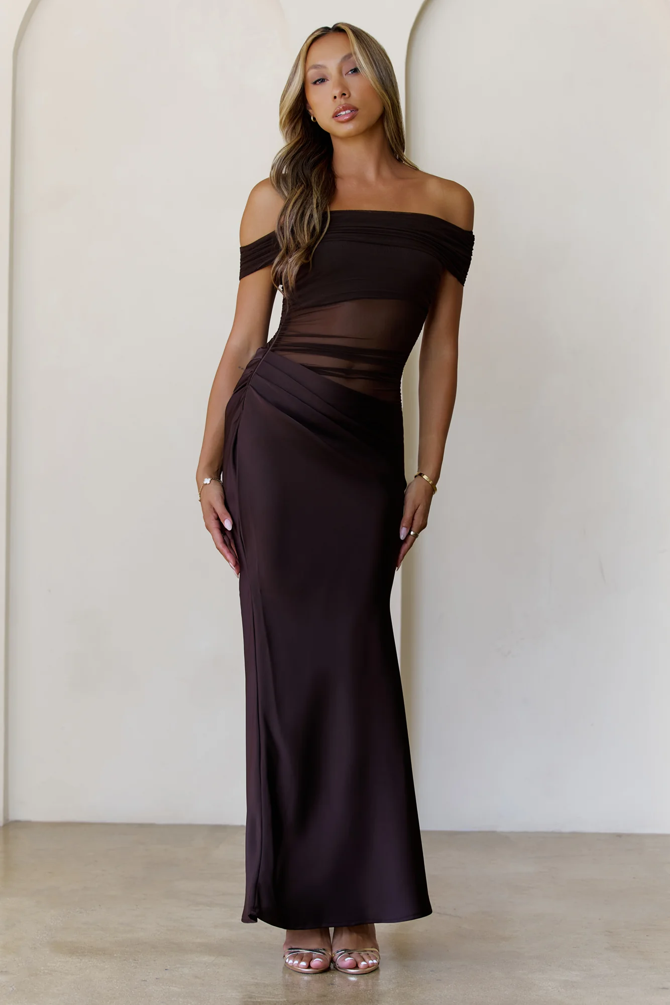 Veiled Whispers Off Shoulder Maxi Dress