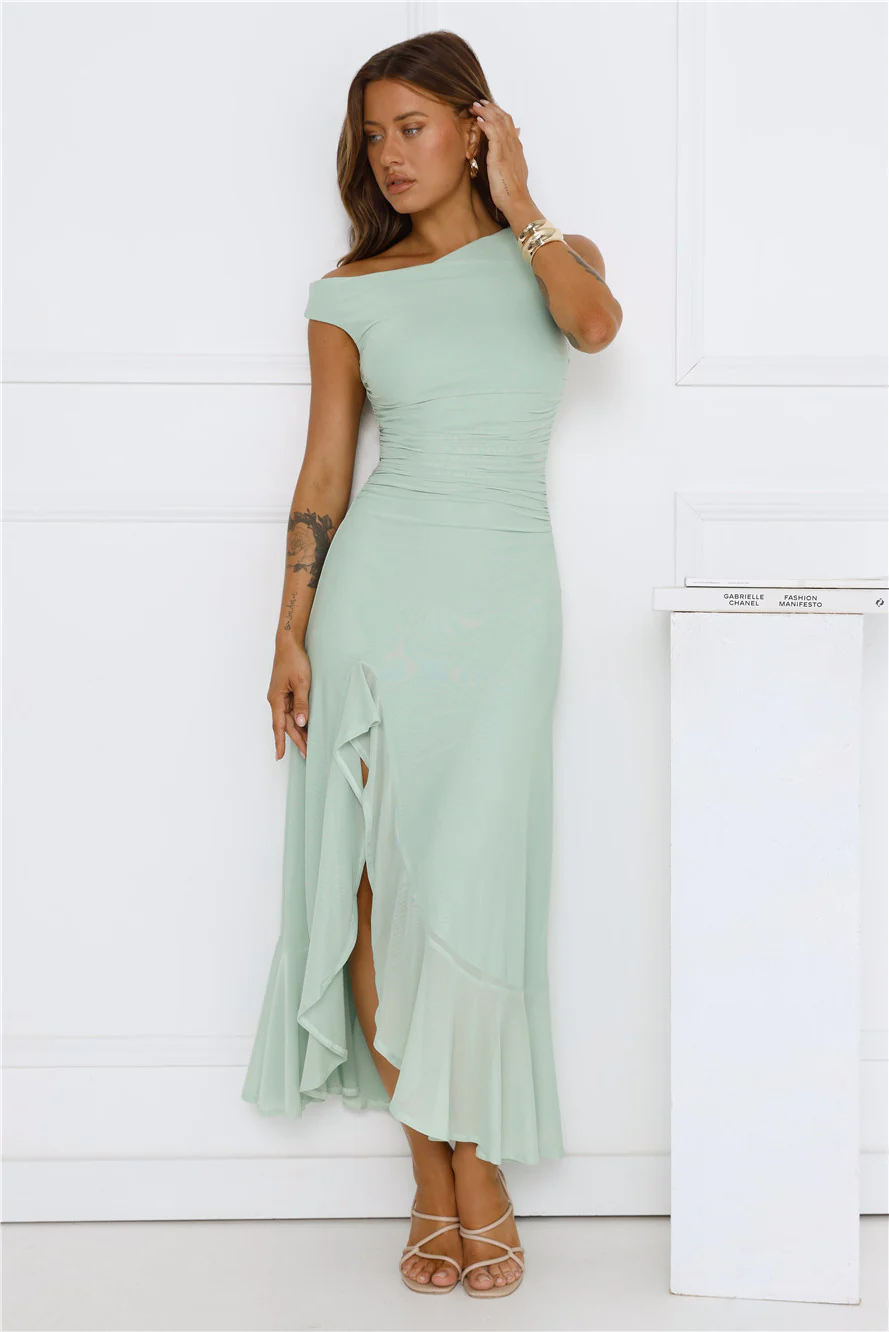 Effortless Girl Off Shoulder Mesh Midi Dress