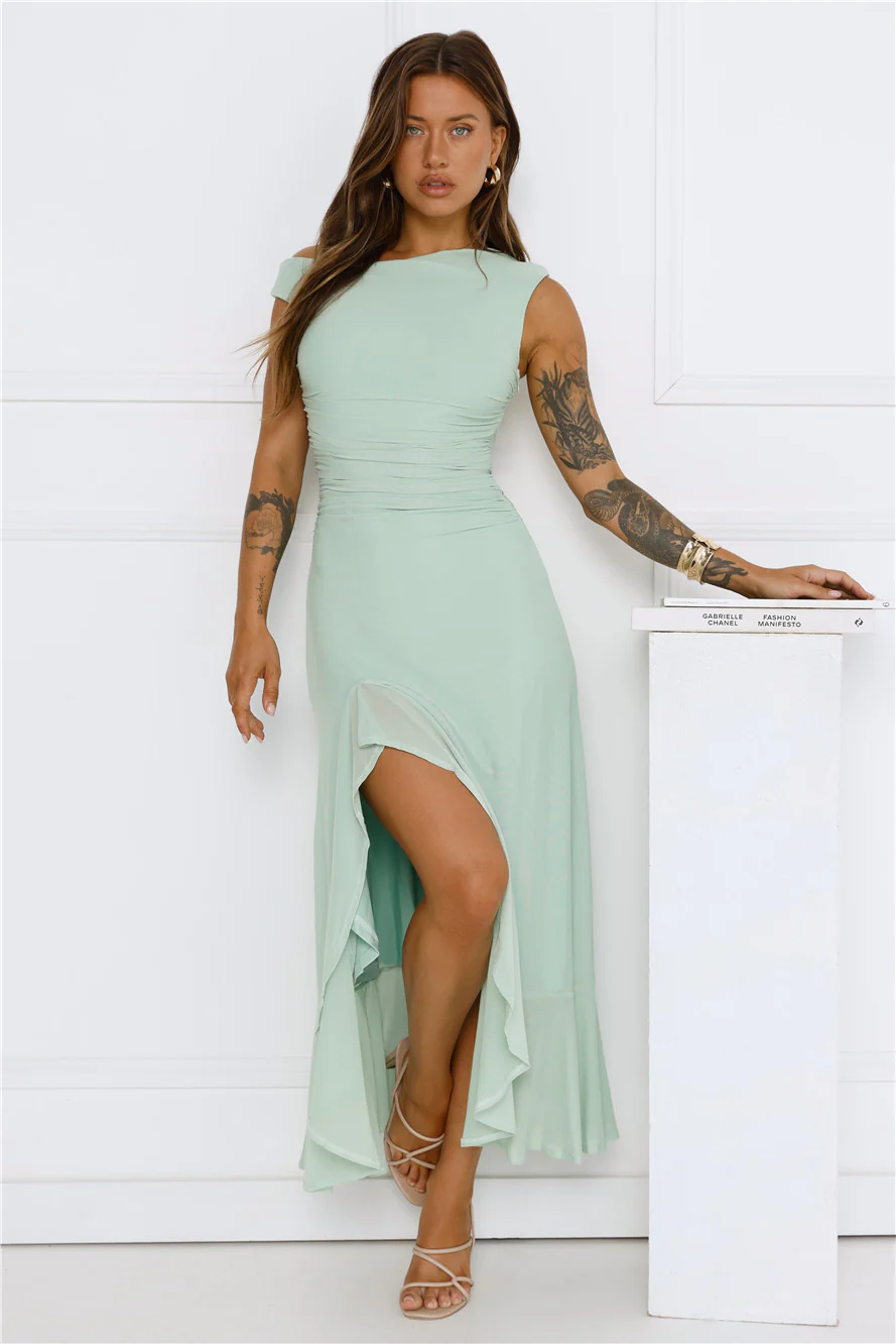 Effortless Girl Off Shoulder Mesh Midi Dress