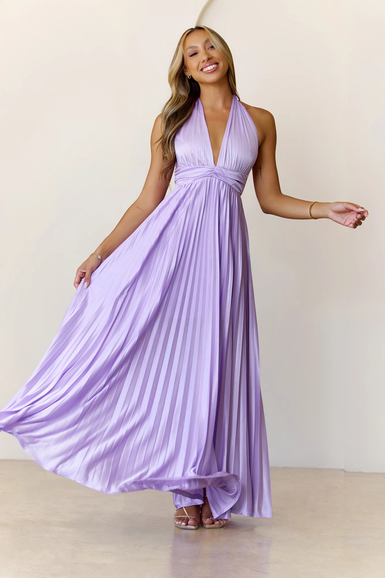 Shimmering Sea Pleated Halter Maxi Dress