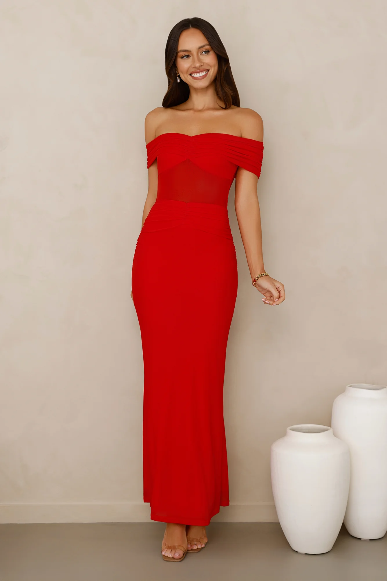 Swan Song Off Shoulder Mesh Maxi Dress