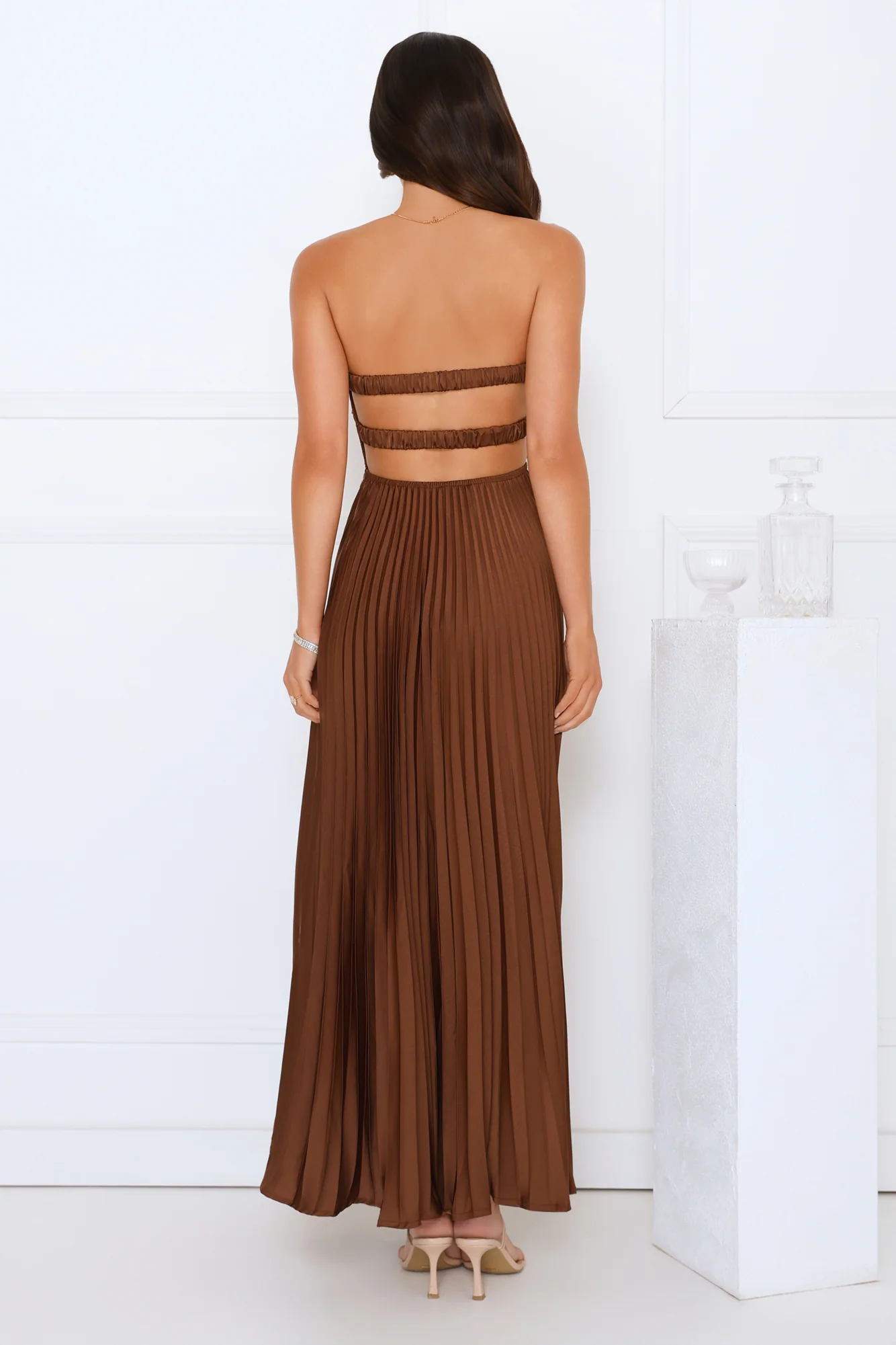 Vibes Are Priceless Strapless Satin Pleated Maxi Dress