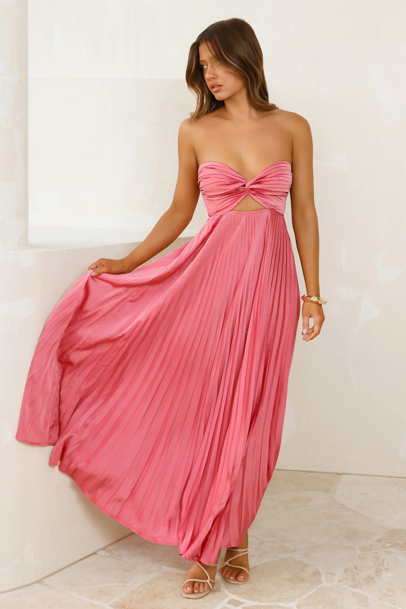 Vibes Are Priceless Strapless Satin Pleated Maxi Dress