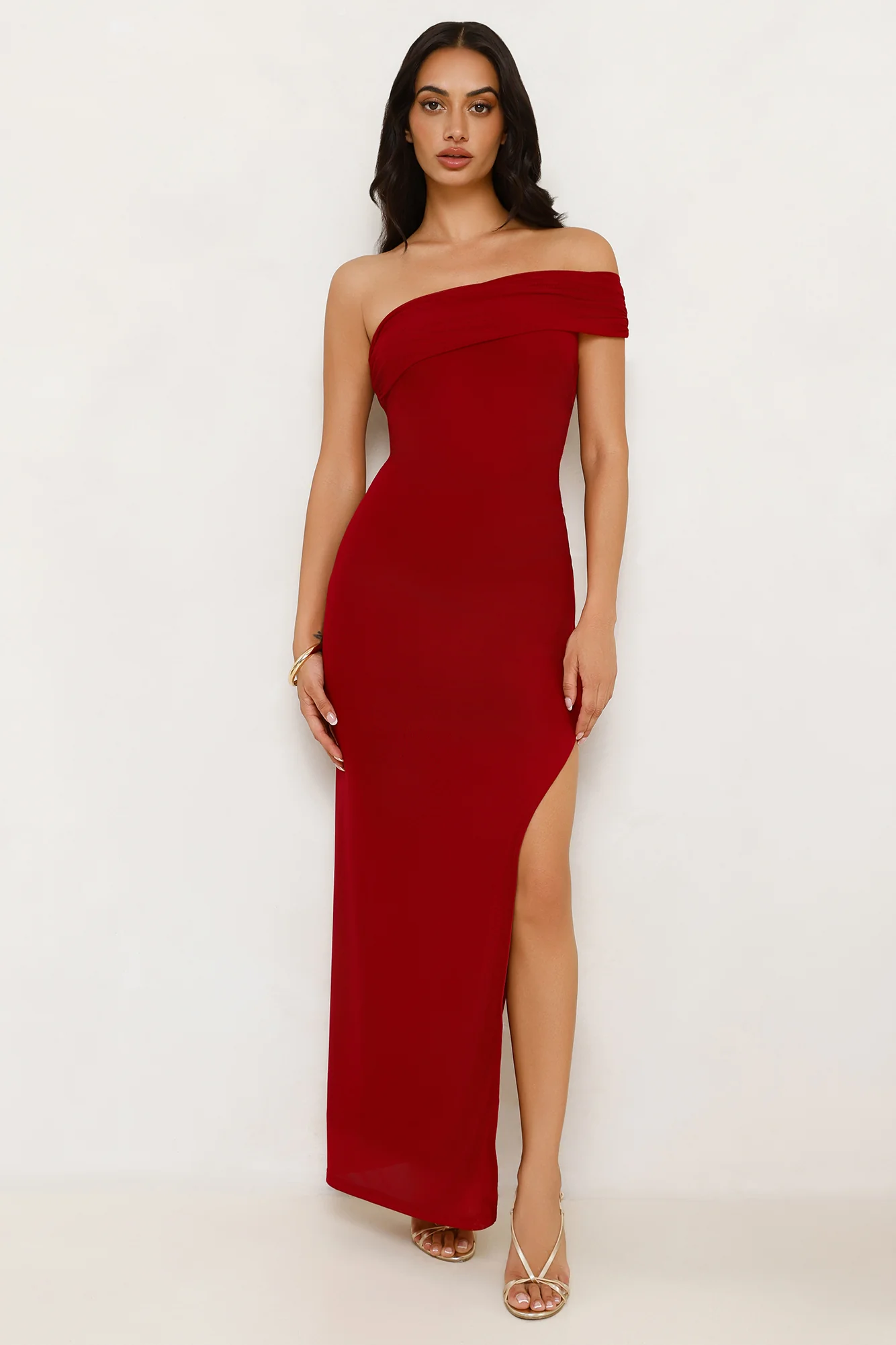 Berry Fresh Mesh One Shoulder Maxi Dress