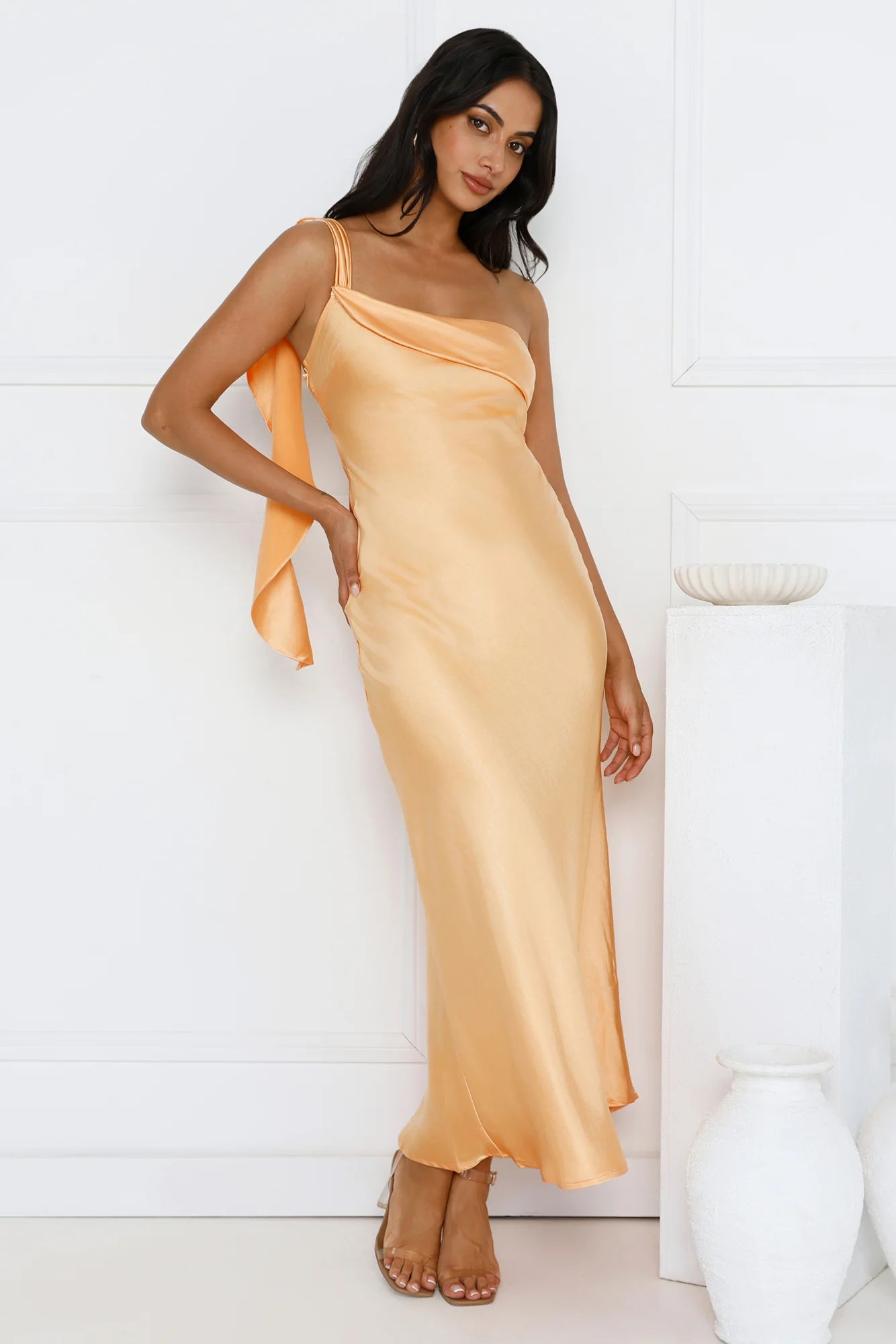 Romantic Tales Satin One Shoulder Maxi Dress