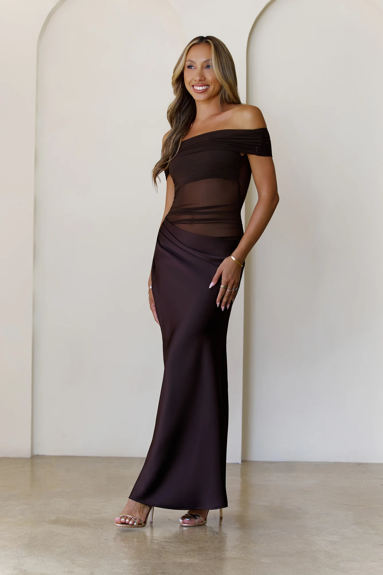 Veiled Whispers Off Shoulder Maxi Dress