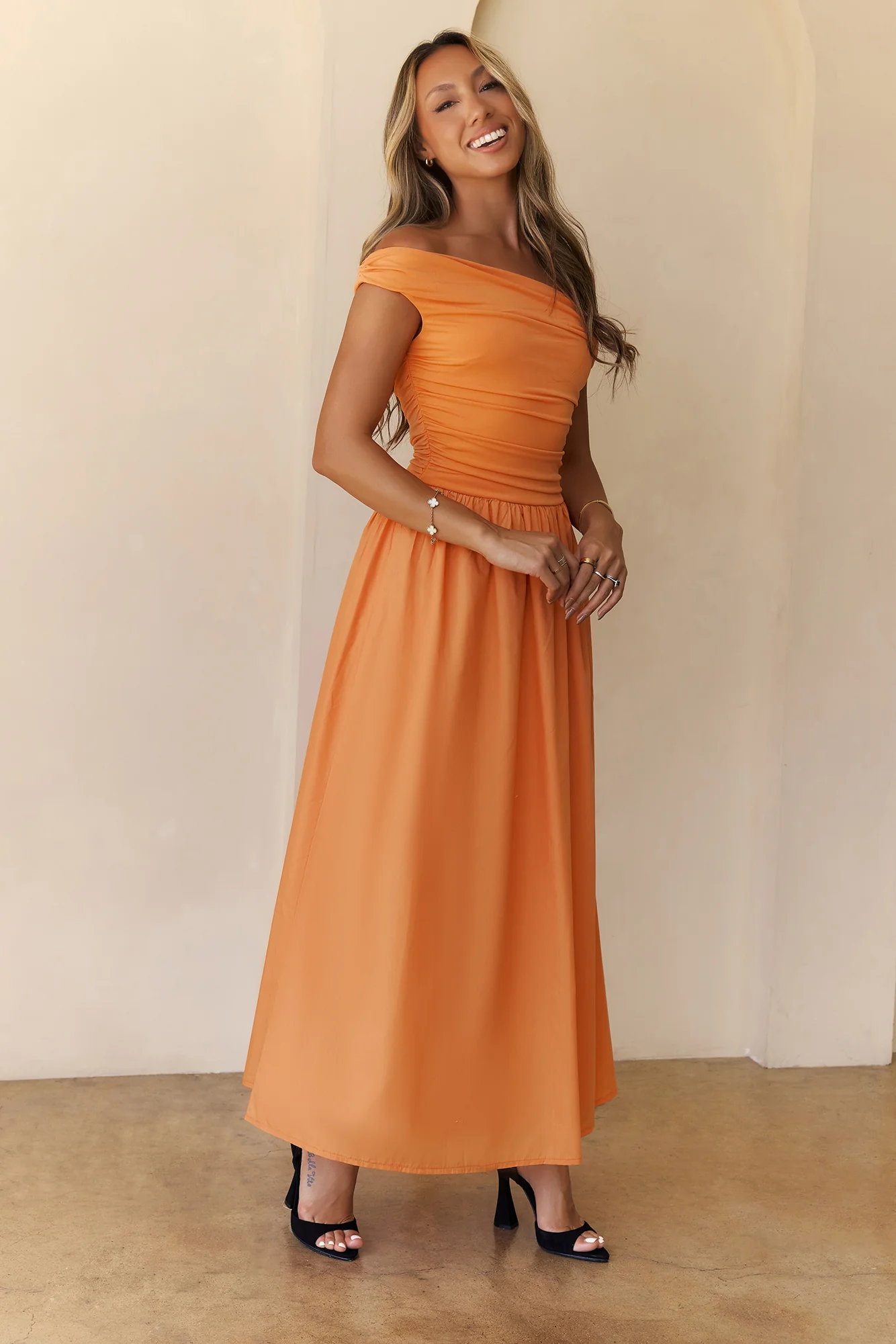 Camellia Charm Off Shoulder Maxi Dress