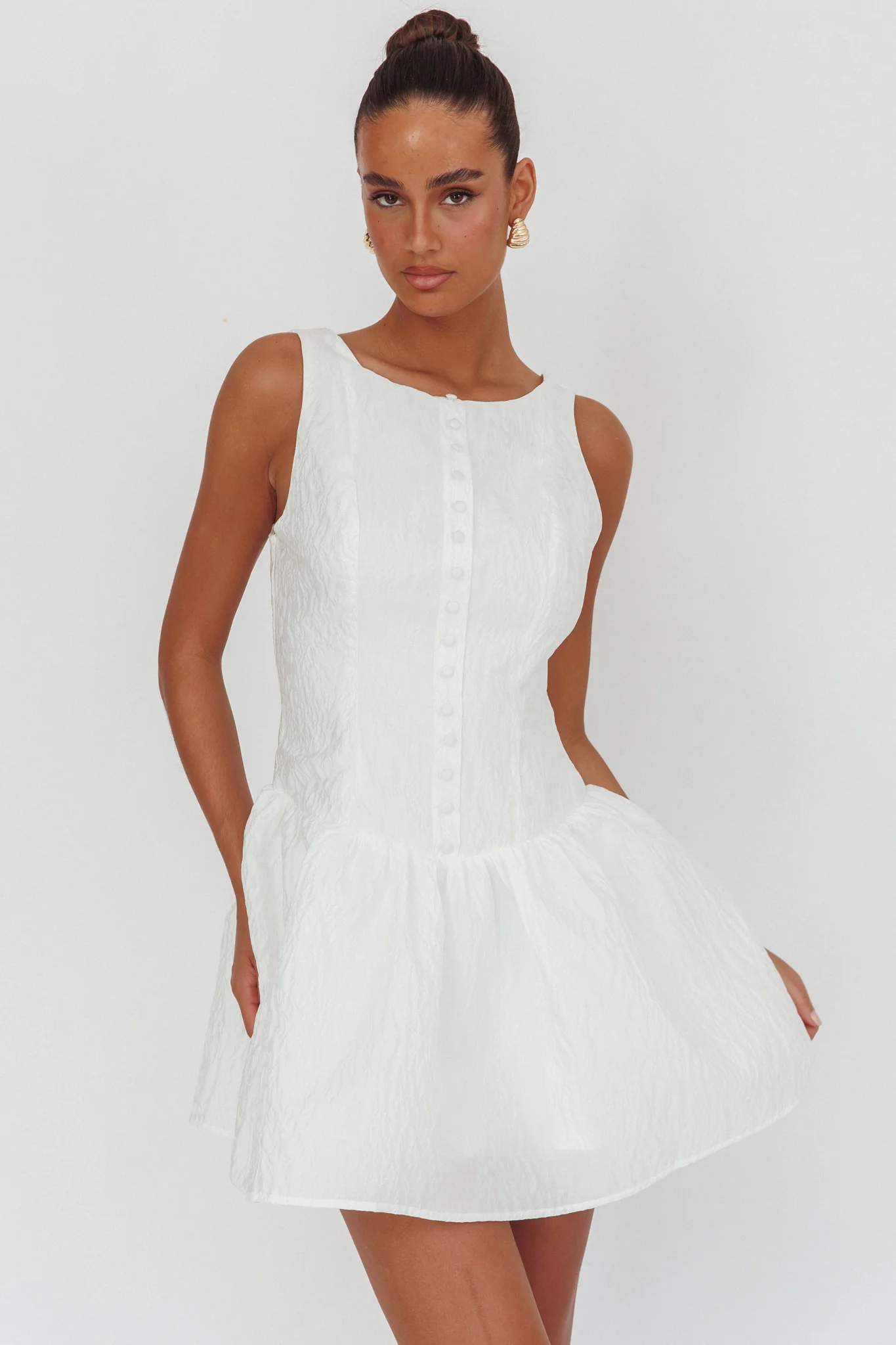 Profile Pic Drop Waist Flounce Mini Dress Textured White