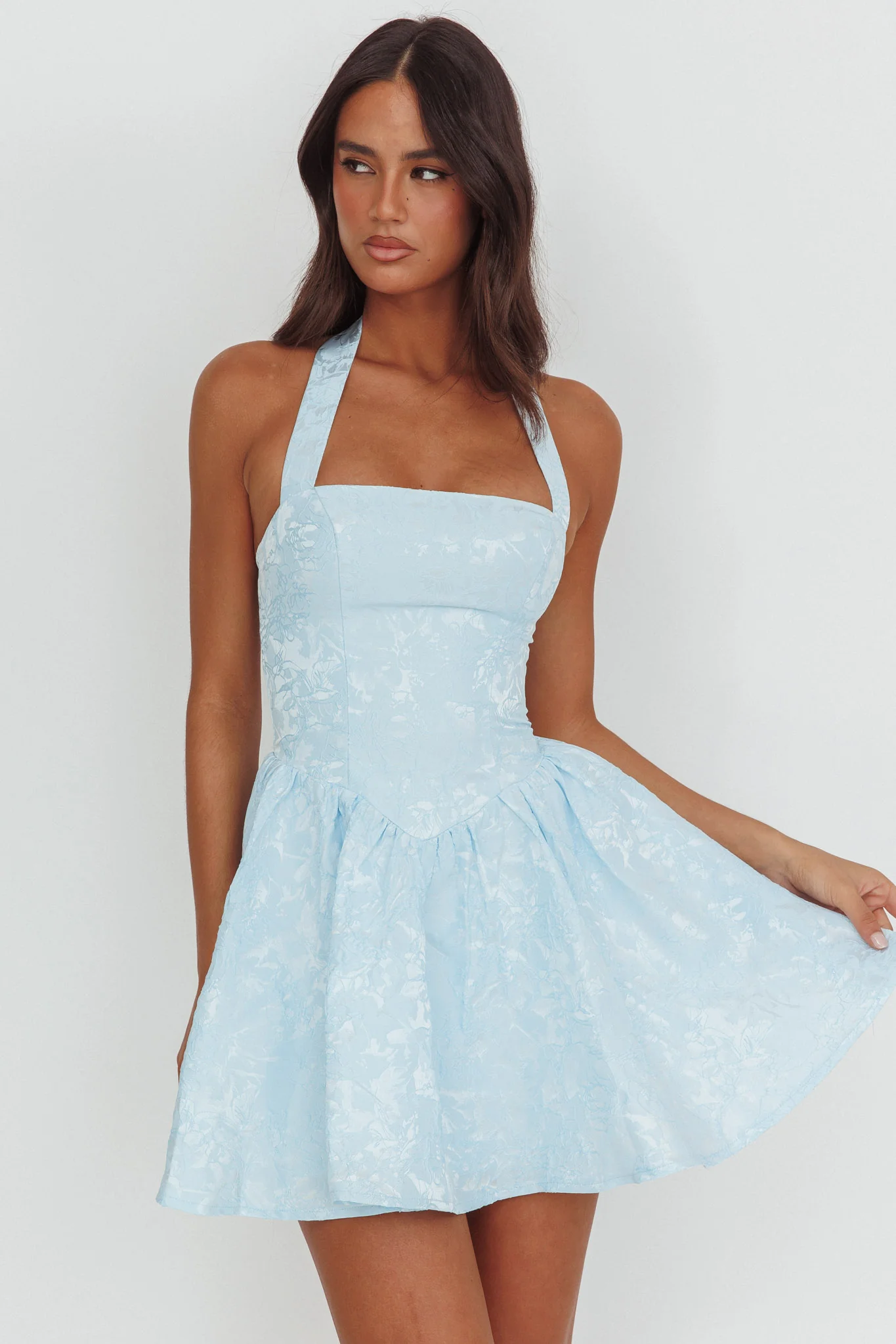 Serrah Halter Mini Dress Jacquard Blue