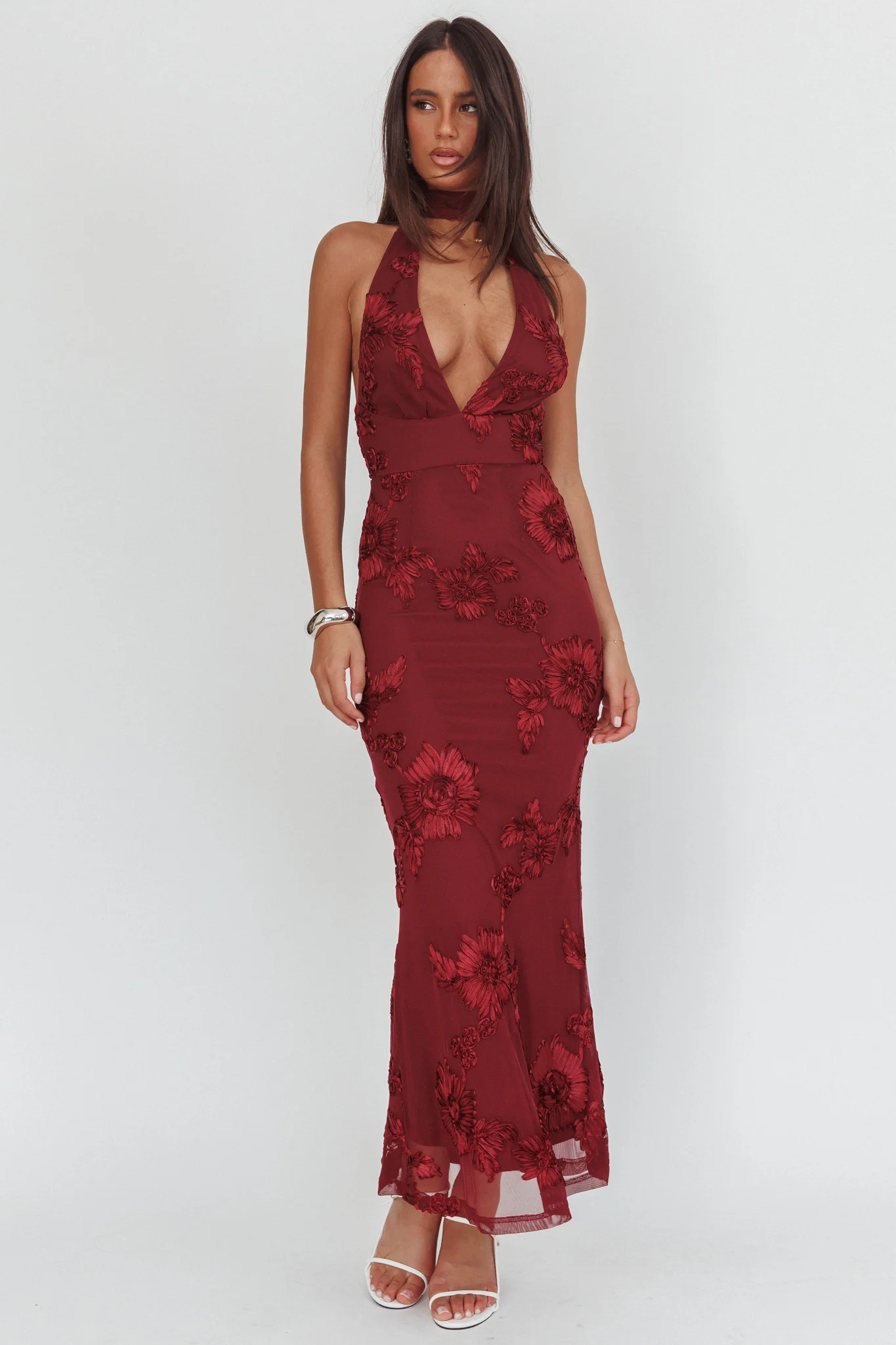 Cipriana Backless Halter Maxi Dress Embellished Wine