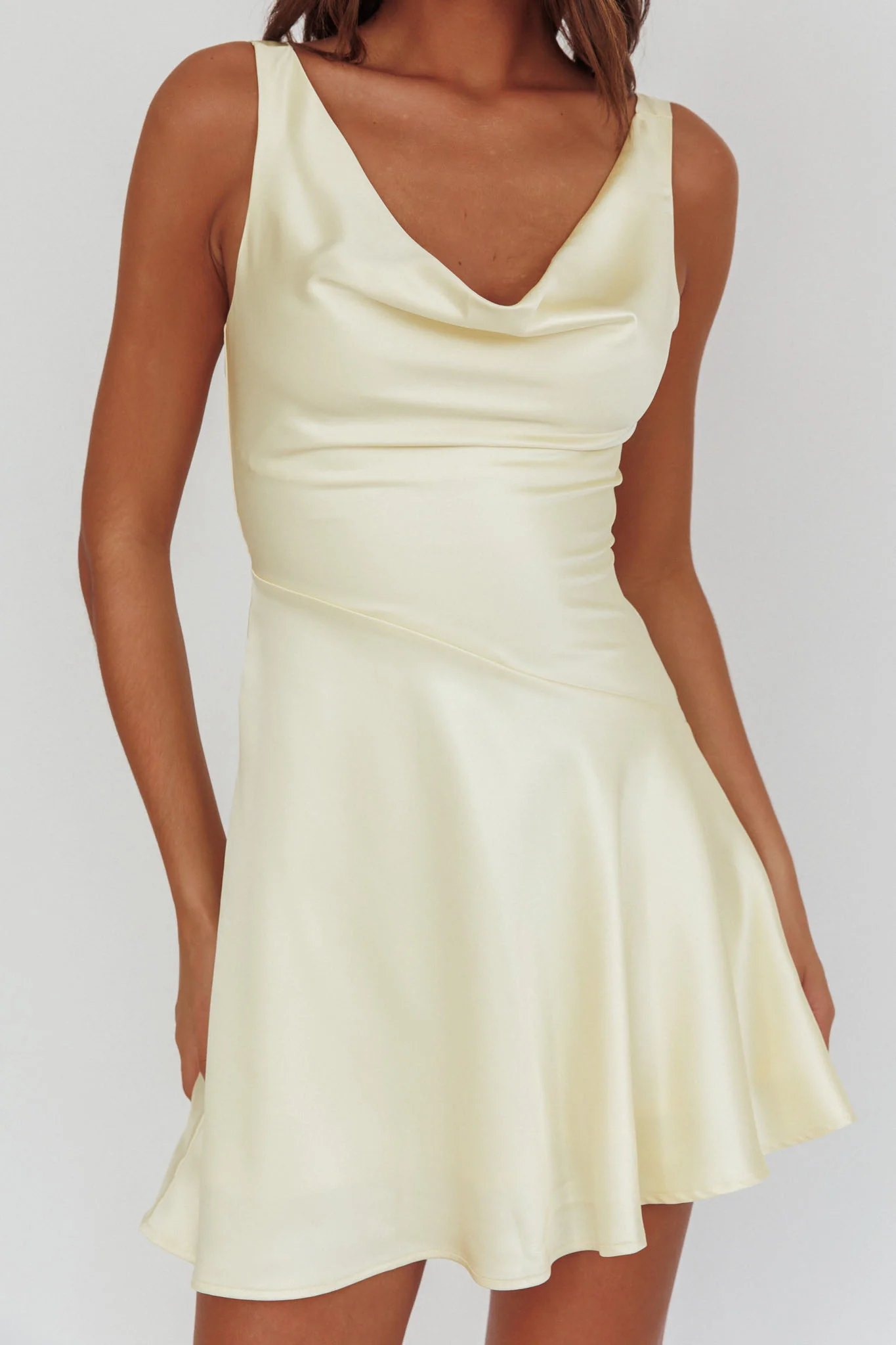 Brigid Cowl Neck Scoop Back Mini Dress Butter